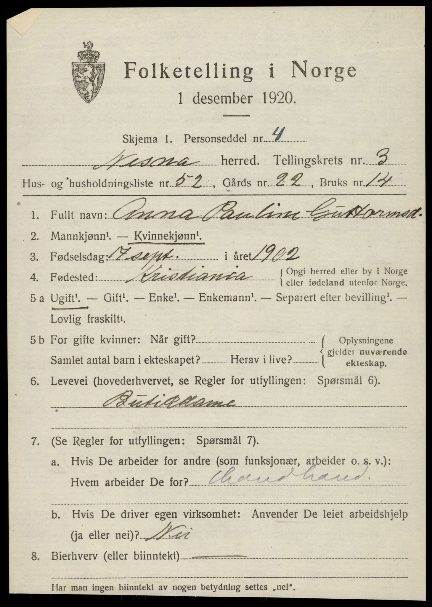 SAT, 1920 census for Nesna, 1920, p. 3225