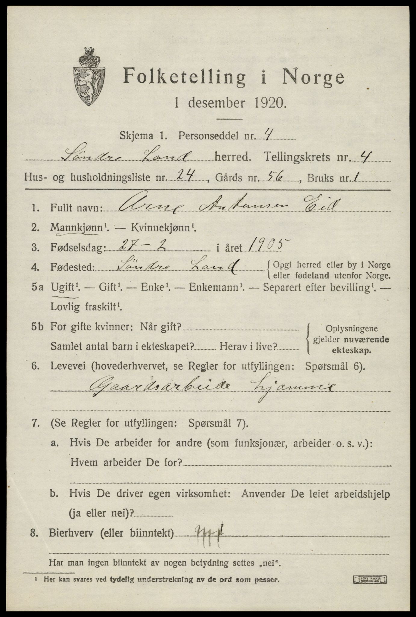 SAH, 1920 census for Søndre Land, 1920, p. 4983