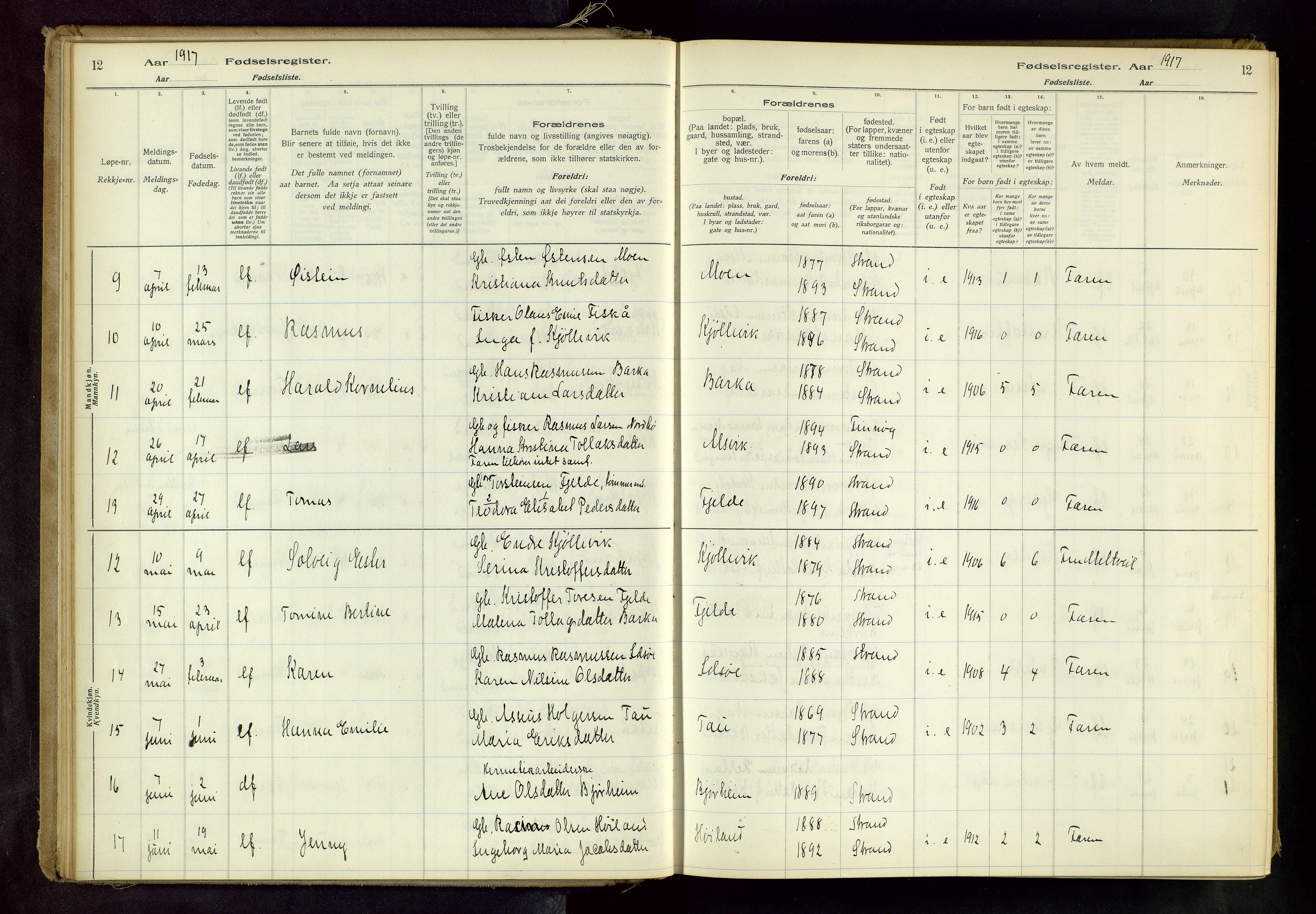 Strand sokneprestkontor, AV/SAST-A-101828/I/Id/L0001: Birth register no. 1, 1916-1938, p. 12