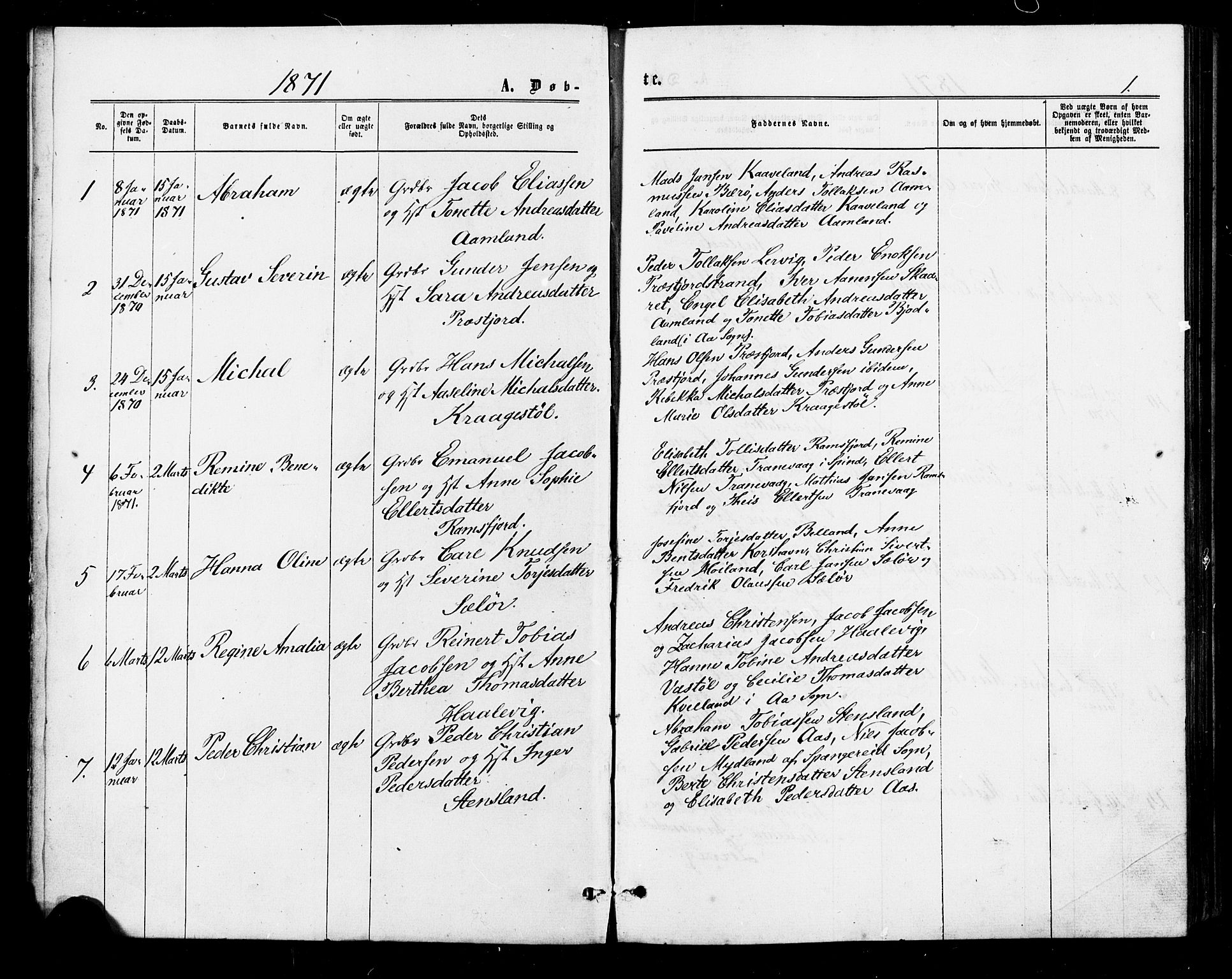 Lyngdal sokneprestkontor, SAK/1111-0029/F/Fa/Faa/L0003: Parish register (official) no. A 3, 1871-1882, p. 1