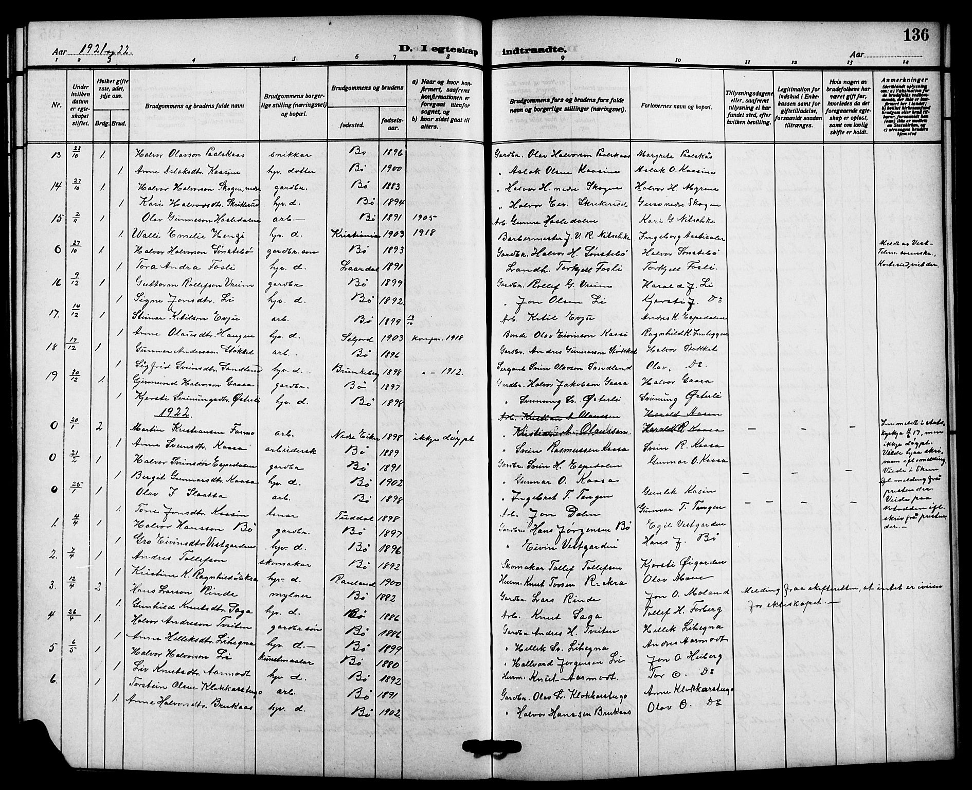 Bø kirkebøker, SAKO/A-257/G/Ga/L0007: Parish register (copy) no. 7, 1909-1924, p. 136