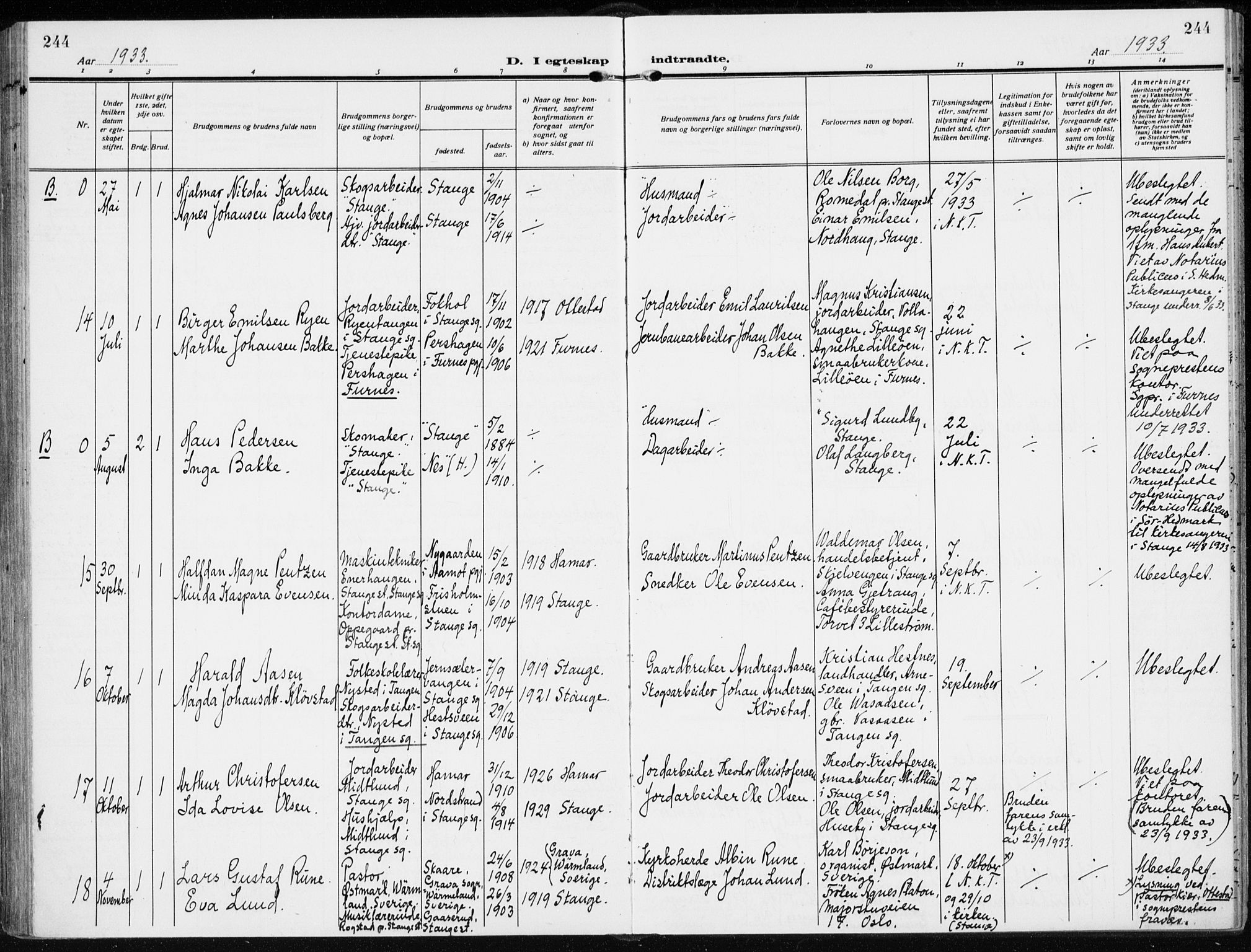 Stange prestekontor, AV/SAH-PREST-002/K/L0026: Parish register (official) no. 26, 1923-1937, p. 244