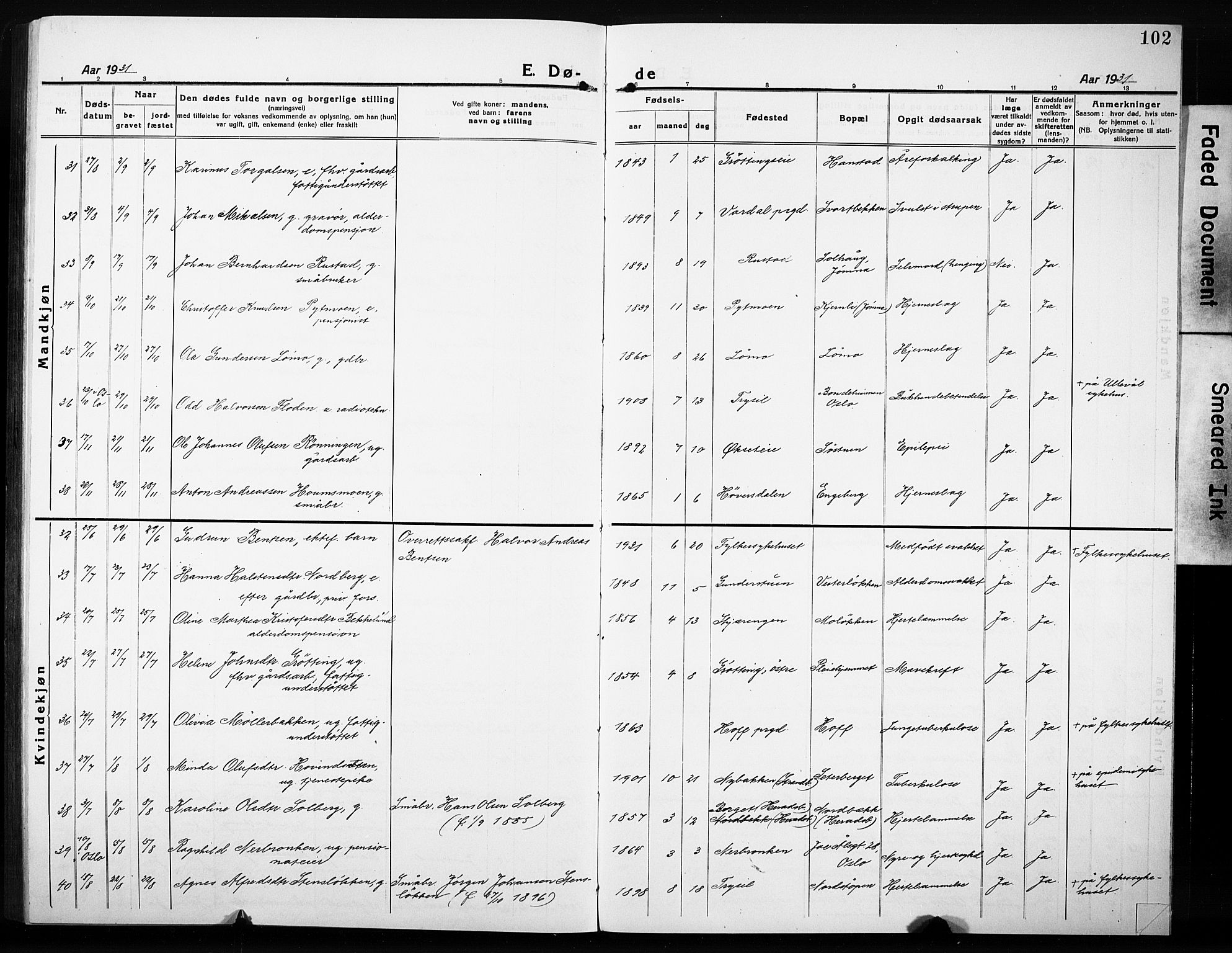 Elverum prestekontor, SAH/PREST-044/H/Ha/Hab/L0014: Parish register (copy) no. 14, 1922-1933, p. 102