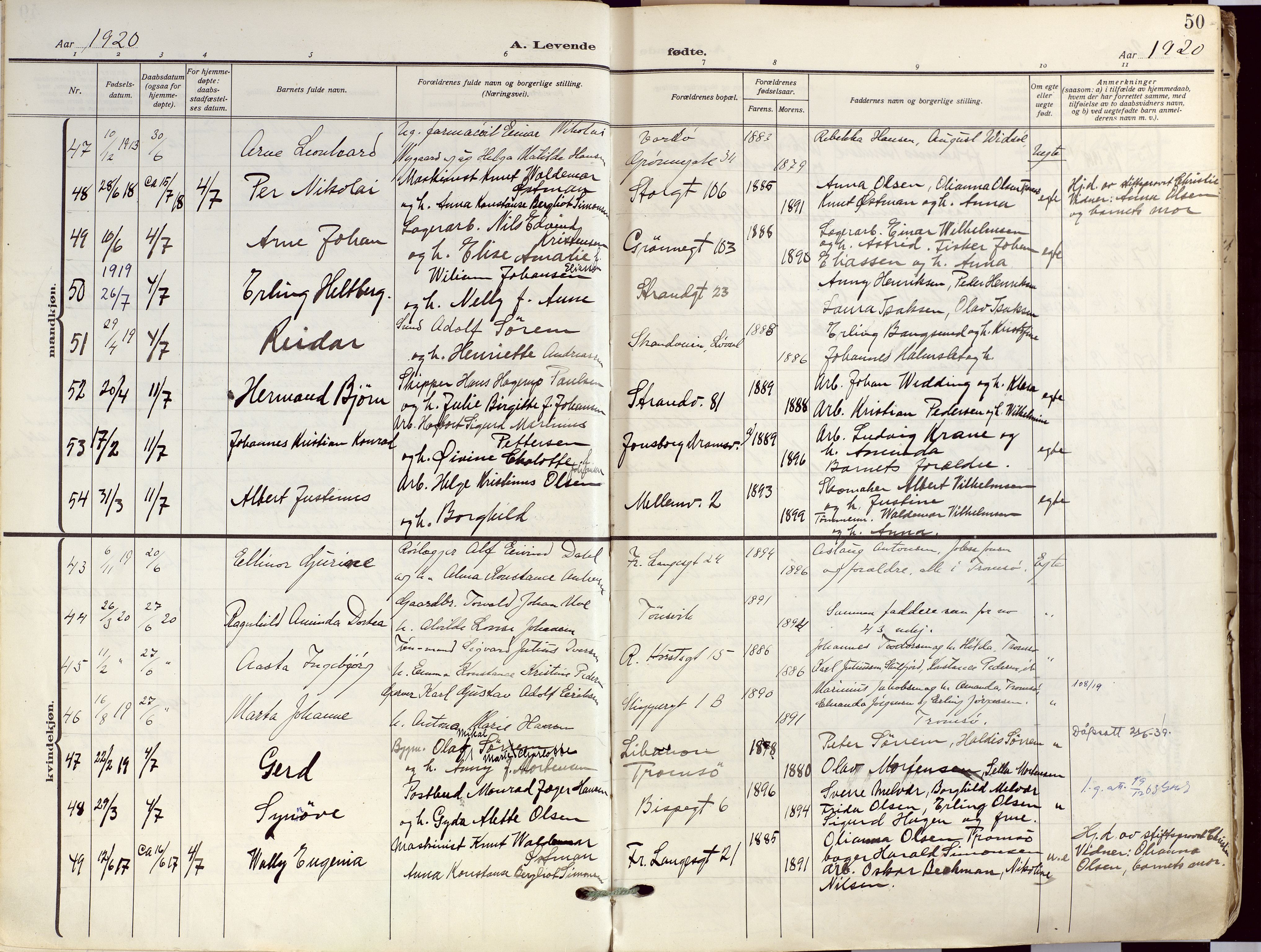 Tromsø sokneprestkontor/stiftsprosti/domprosti, SATØ/S-1343/G/Ga/L0019kirke: Parish register (official) no. 19, 1917-1927, p. 50