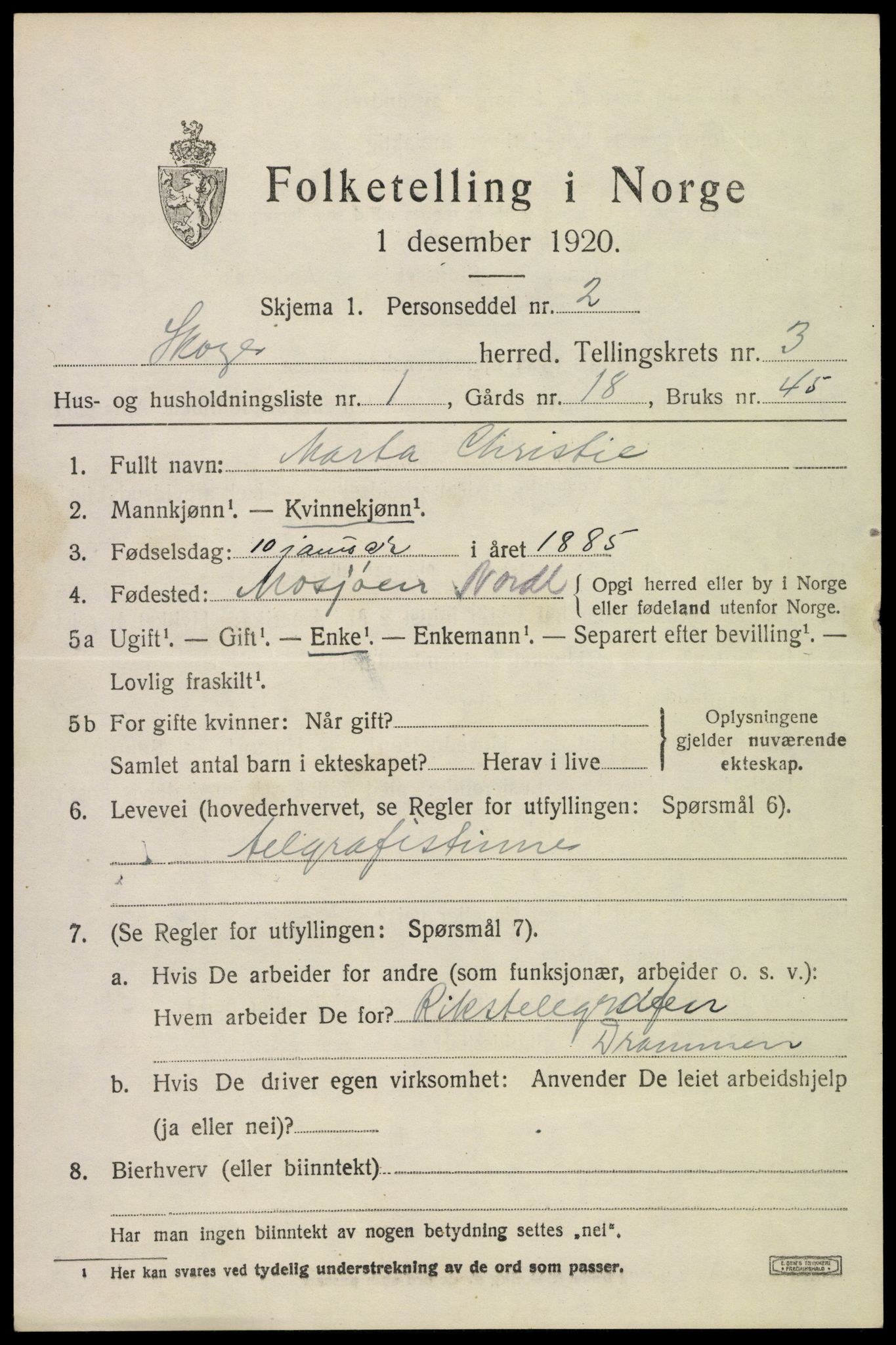 SAKO, 1920 census for Skoger, 1920, p. 7321