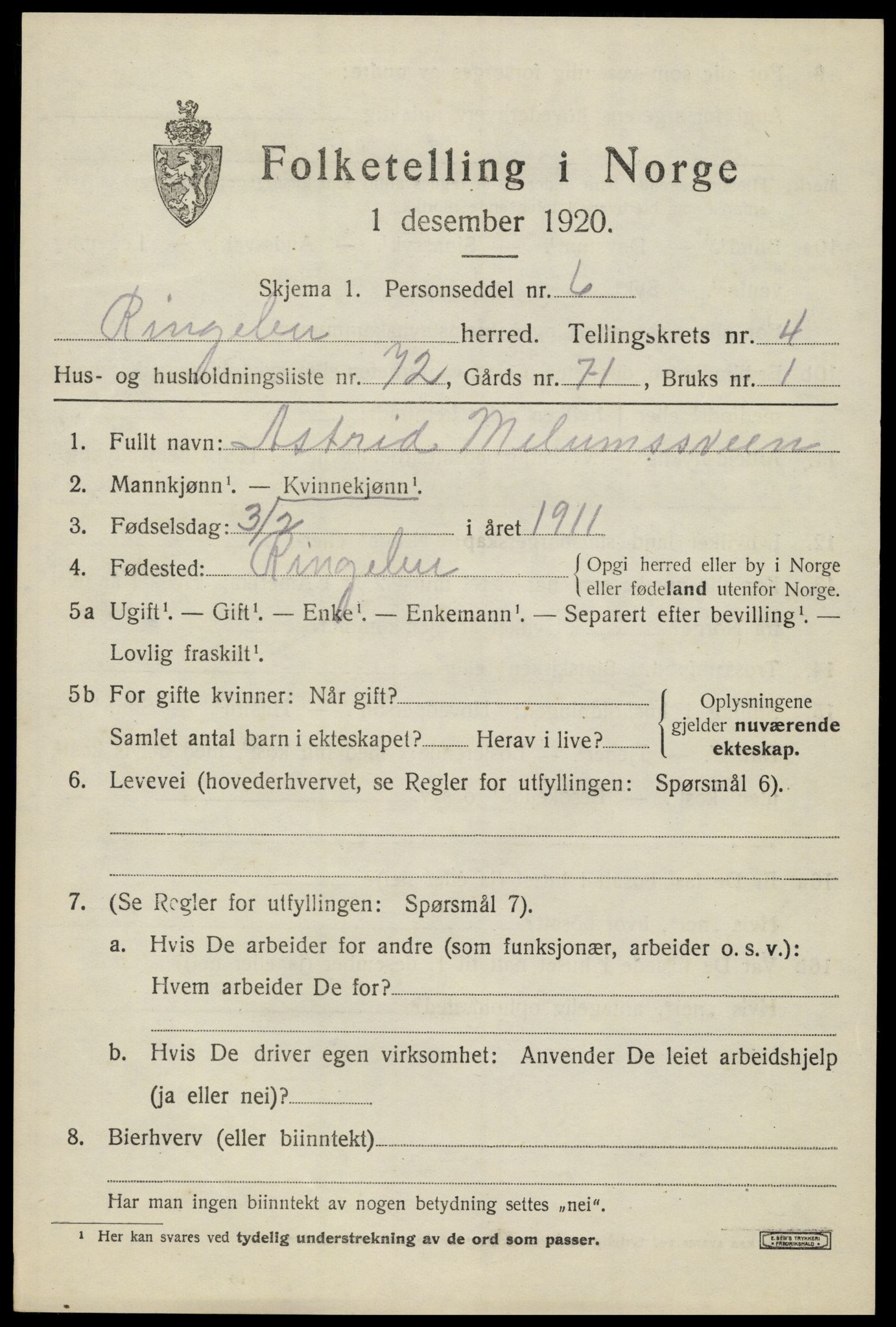 SAH, 1920 census for Ringebu, 1920, p. 5957