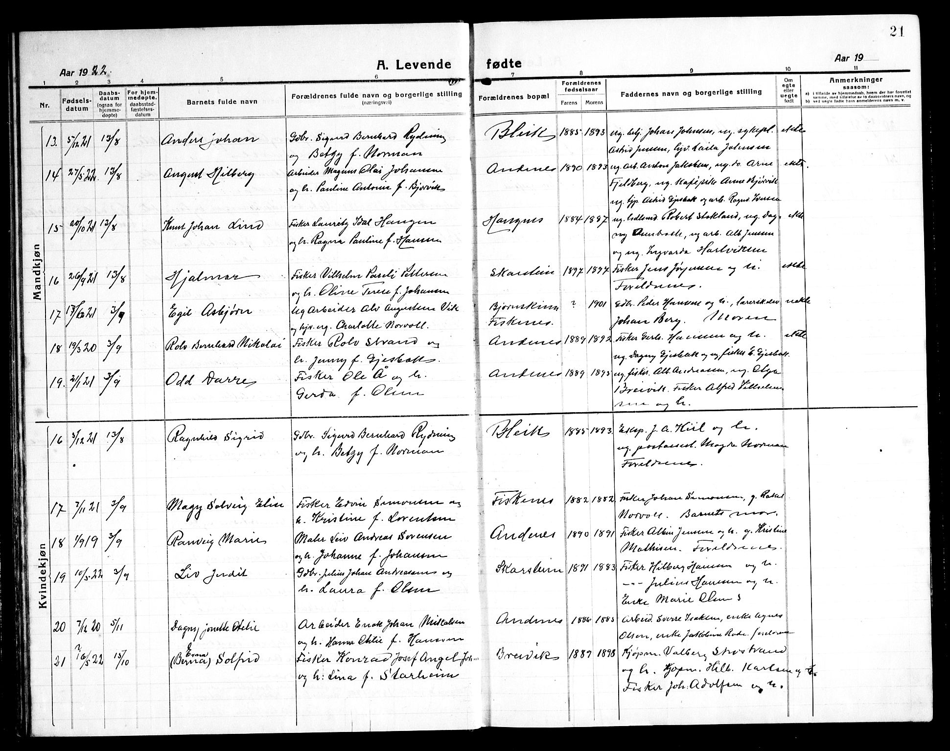 Ministerialprotokoller, klokkerbøker og fødselsregistre - Nordland, SAT/A-1459/899/L1450: Parish register (copy) no. 899C05, 1918-1945, p. 21