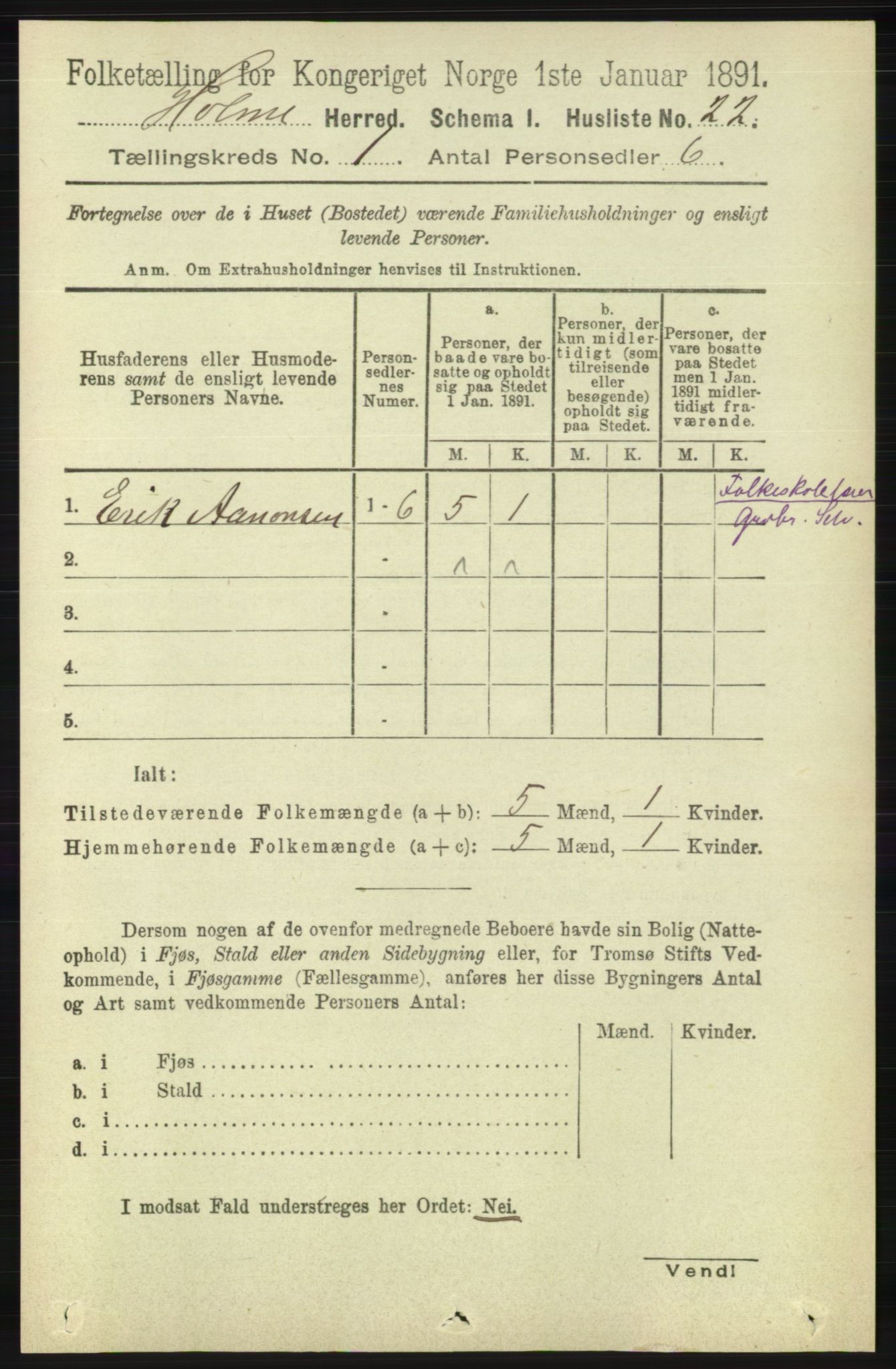 RA, 1891 census for 1020 Holum, 1891, p. 42