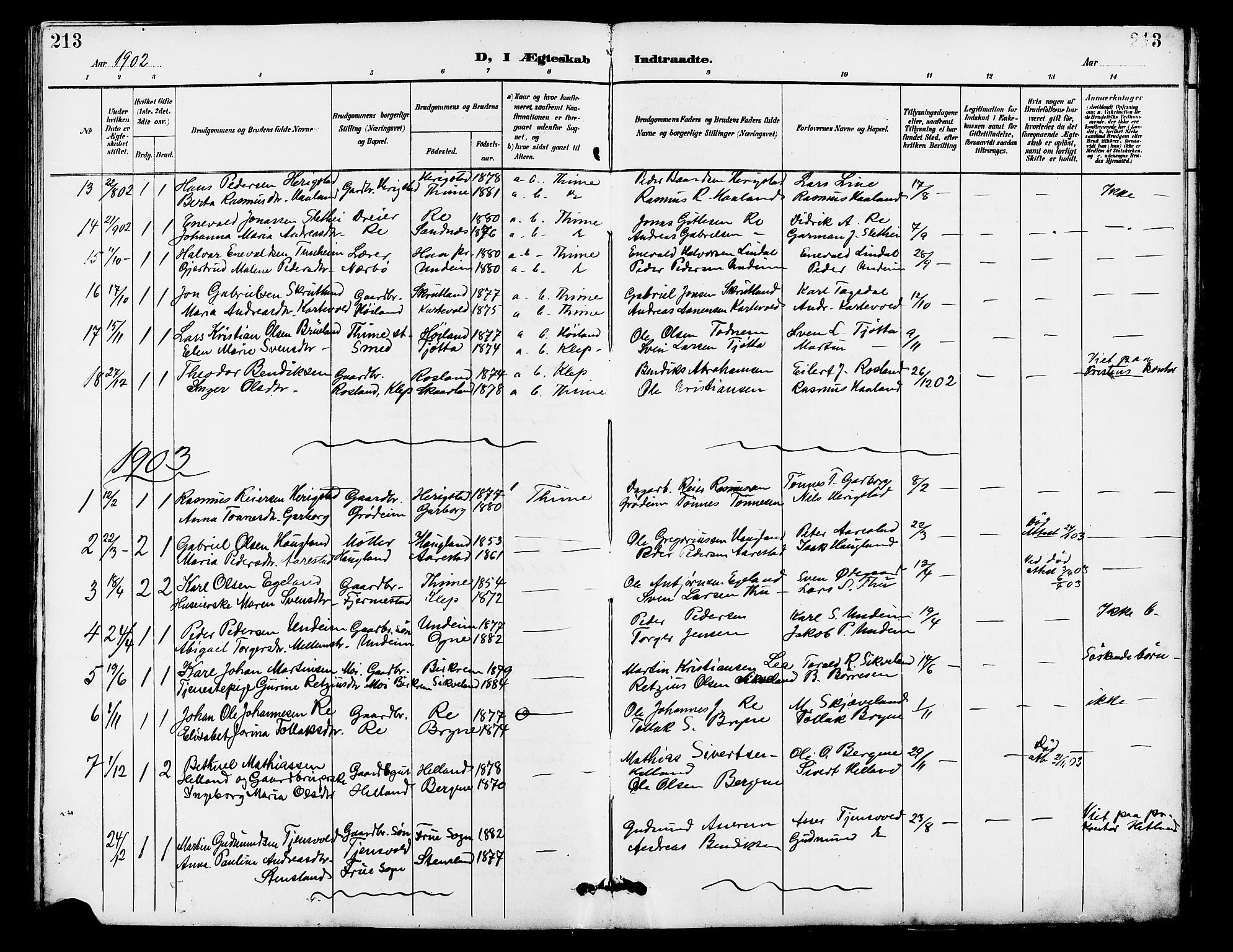Lye sokneprestkontor, SAST/A-101794/001/30BB/L0007: Parish register (copy) no. B 8, 1889-1909, p. 213