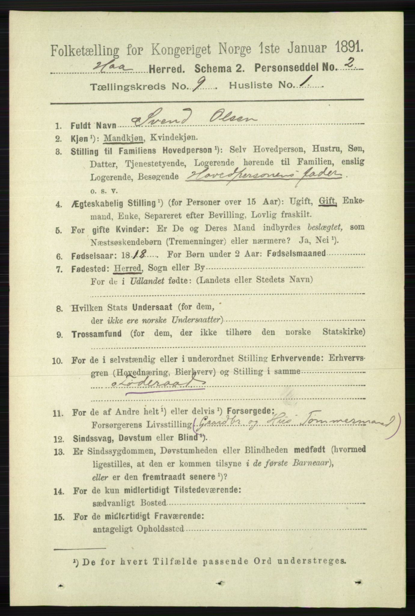 RA, 1891 census for 1119 Hå, 1891, p. 2196