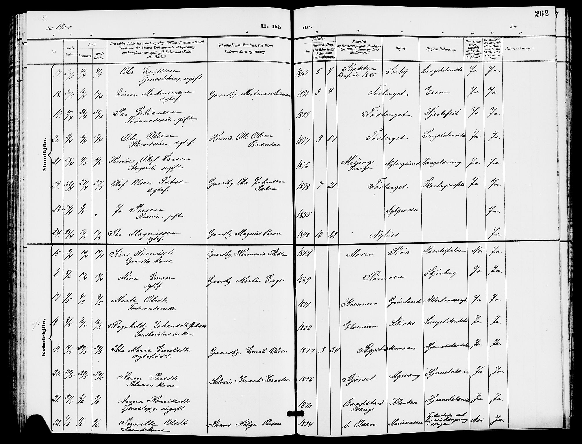Trysil prestekontor, SAH/PREST-046/H/Ha/Hab/L0006: Parish register (copy) no. 6, 1896-1912, p. 262