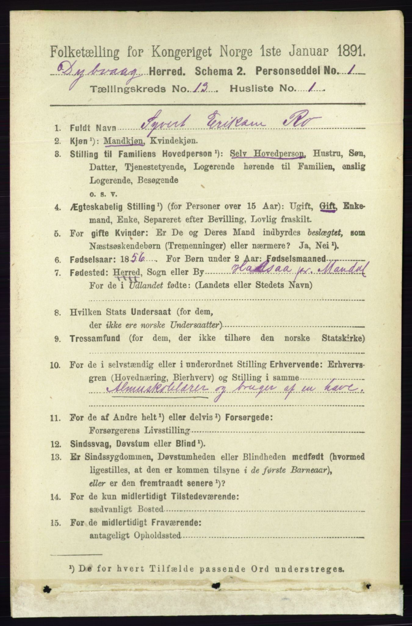 RA, 1891 census for 0915 Dypvåg, 1891, p. 5299