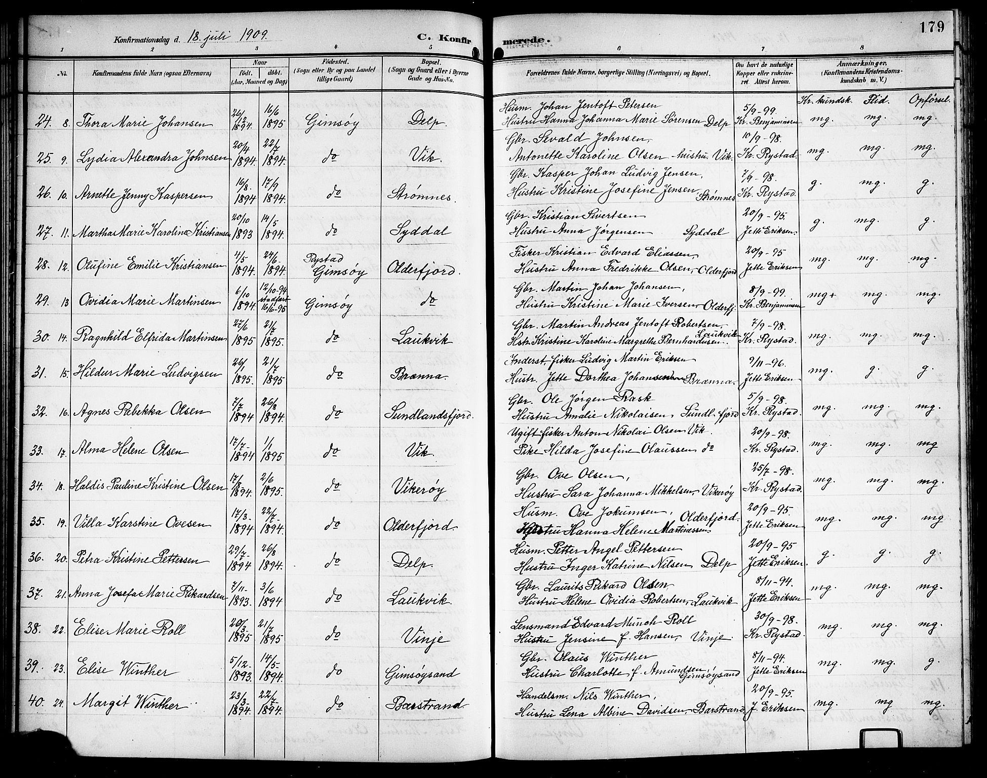 Ministerialprotokoller, klokkerbøker og fødselsregistre - Nordland, AV/SAT-A-1459/876/L1105: Parish register (copy) no. 876C04, 1896-1914, p. 179