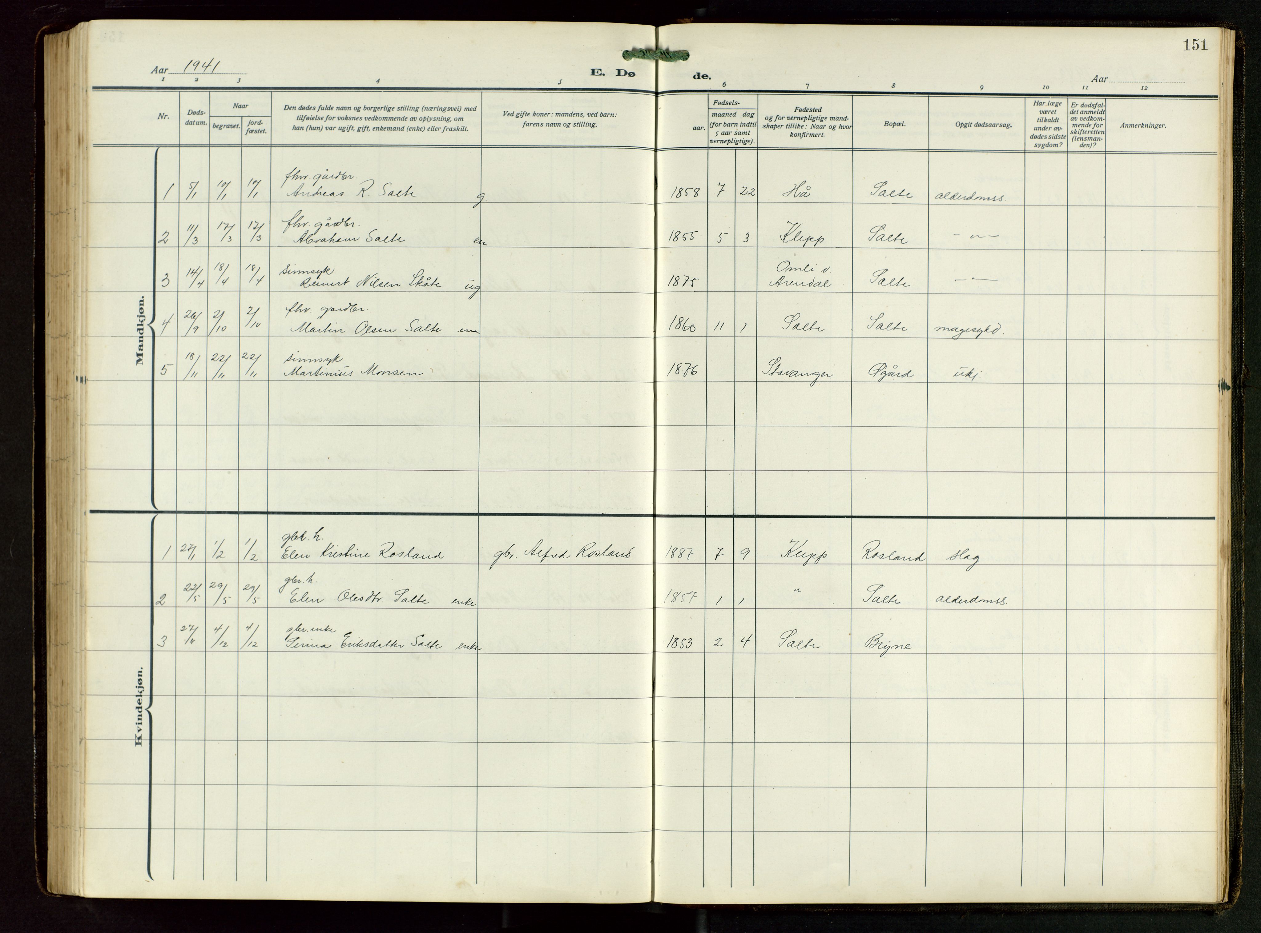 Klepp sokneprestkontor, SAST/A-101803/001/3/30BB/L0008: Parish register (copy) no. B 8, 1918-1949, p. 151