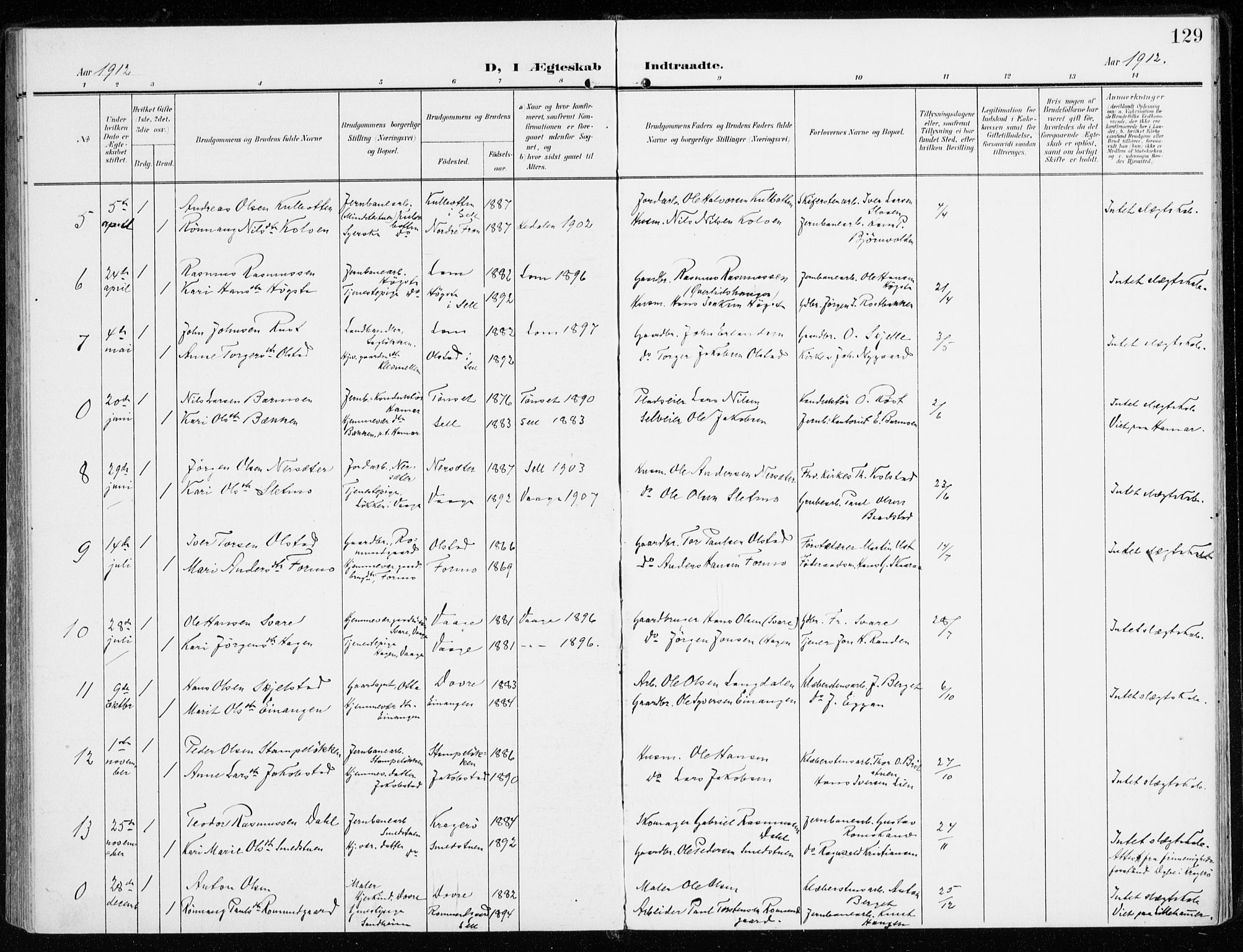 Sel prestekontor, AV/SAH-PREST-074/H/Ha/Haa/L0002: Parish register (official) no. 2, 1905-1919, p. 129