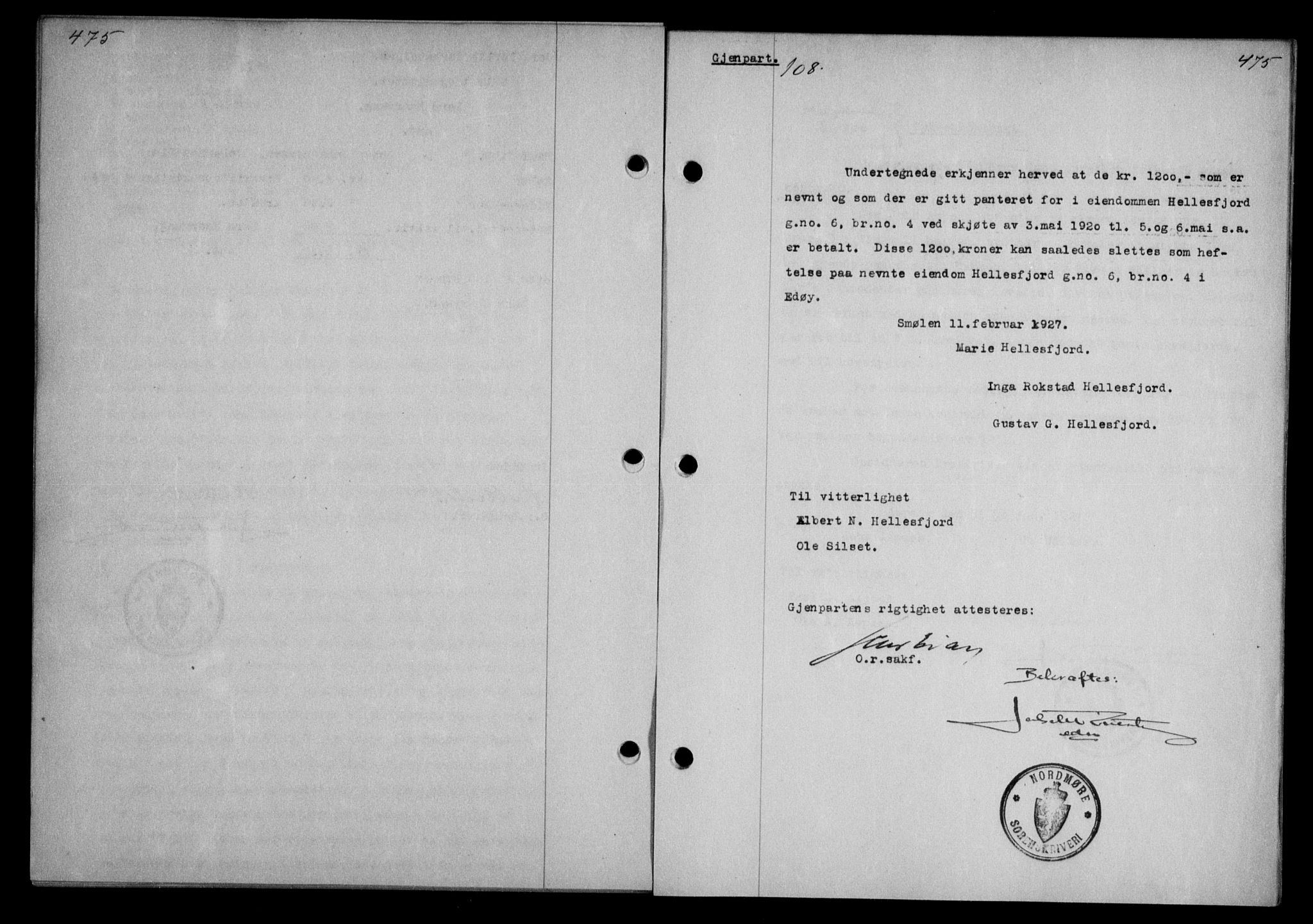 Nordmøre sorenskriveri, AV/SAT-A-4132/1/2/2Ca/L0061: Mortgage book no. 51, 1926-1927, Deed date: 14.02.1927