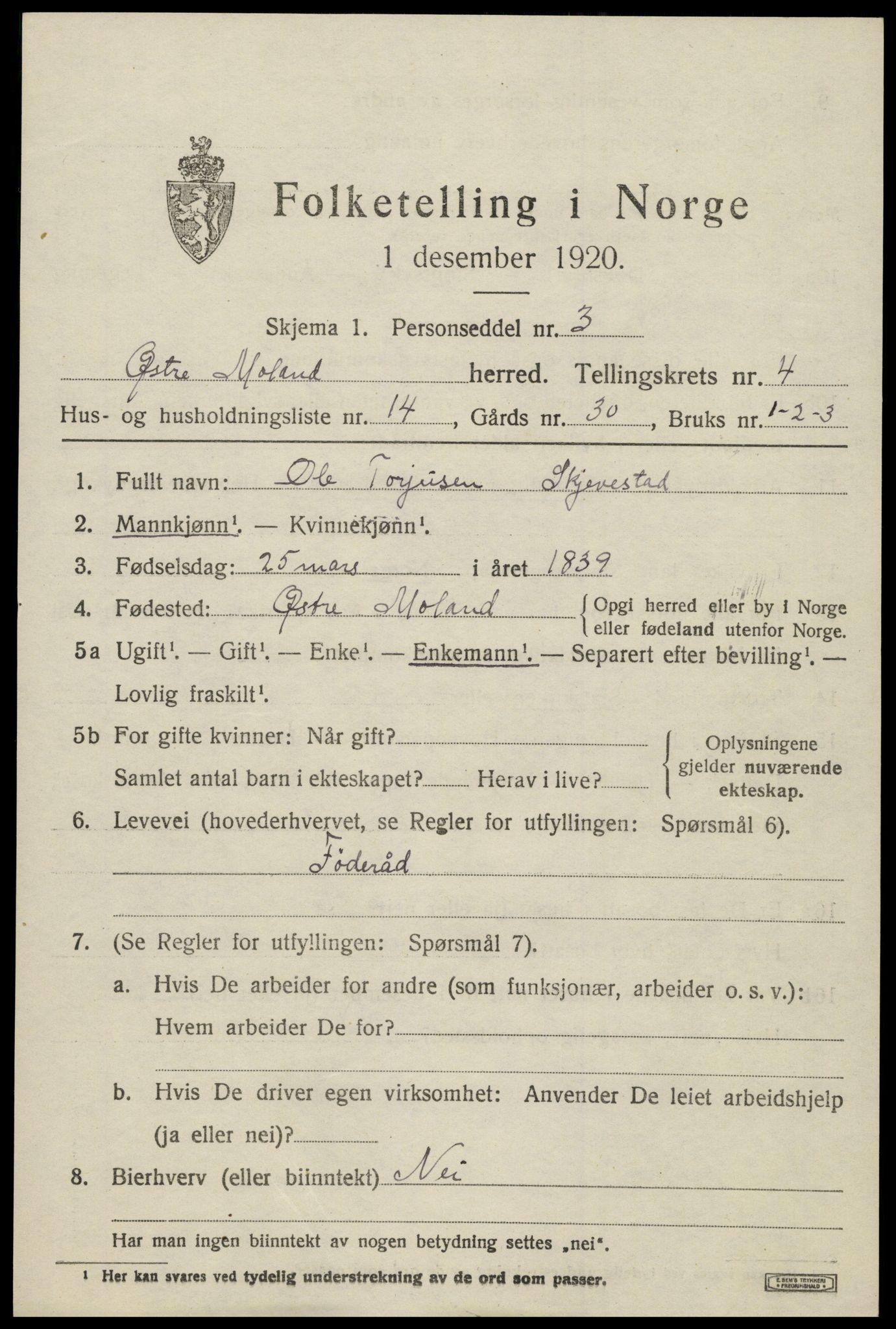 SAK, 1920 census for Austre Moland, 1920, p. 2195