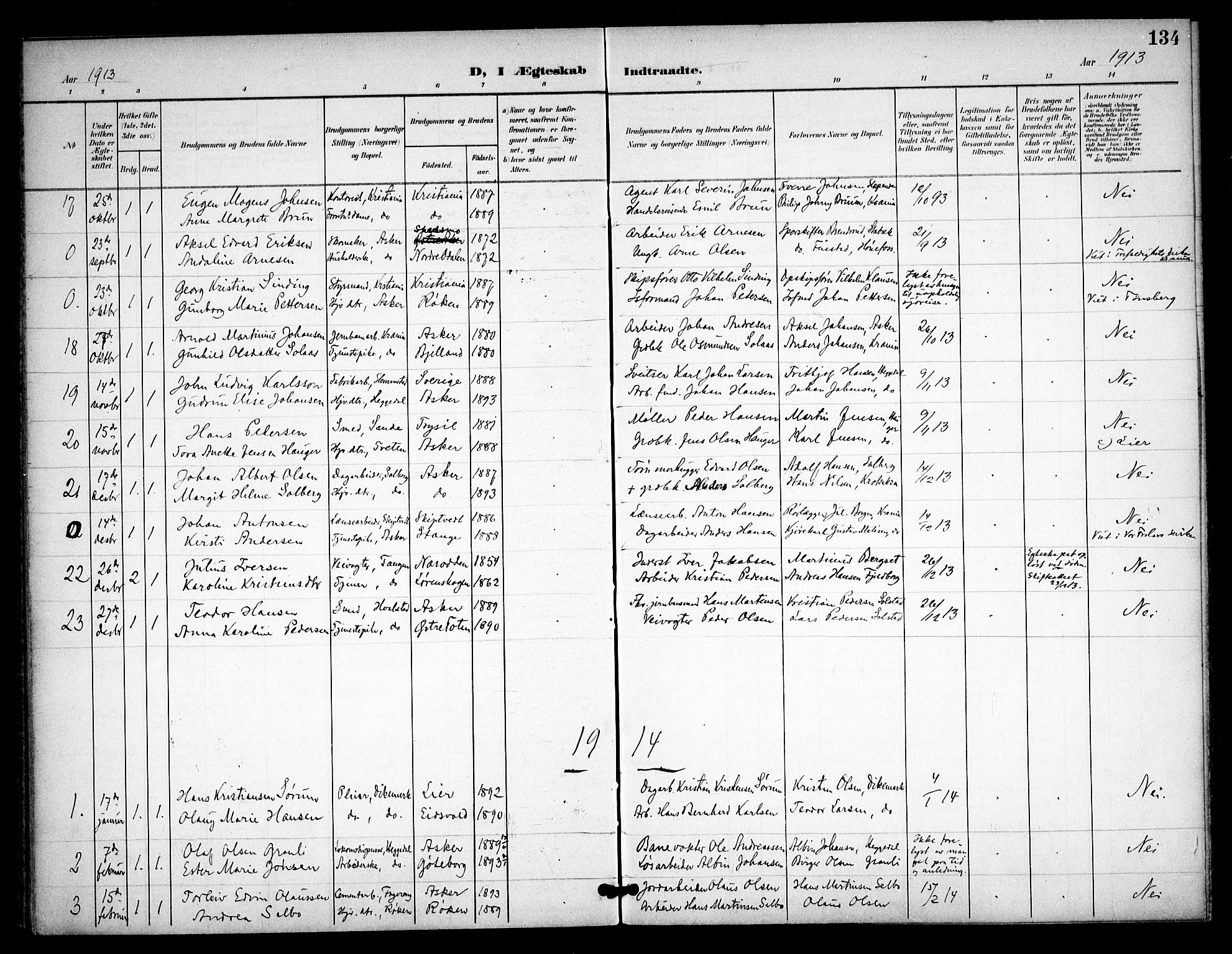 Asker prestekontor Kirkebøker, SAO/A-10256a/F/Fa/L0016: Parish register (official) no. I 16, 1900-1917, p. 134
