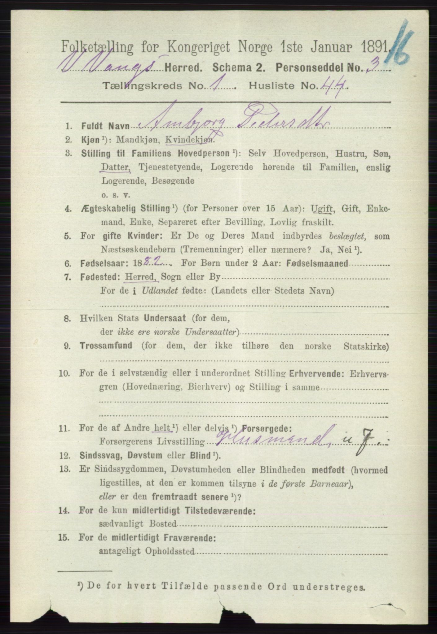 RA, 1891 census for 0545 Vang, 1891, p. 336