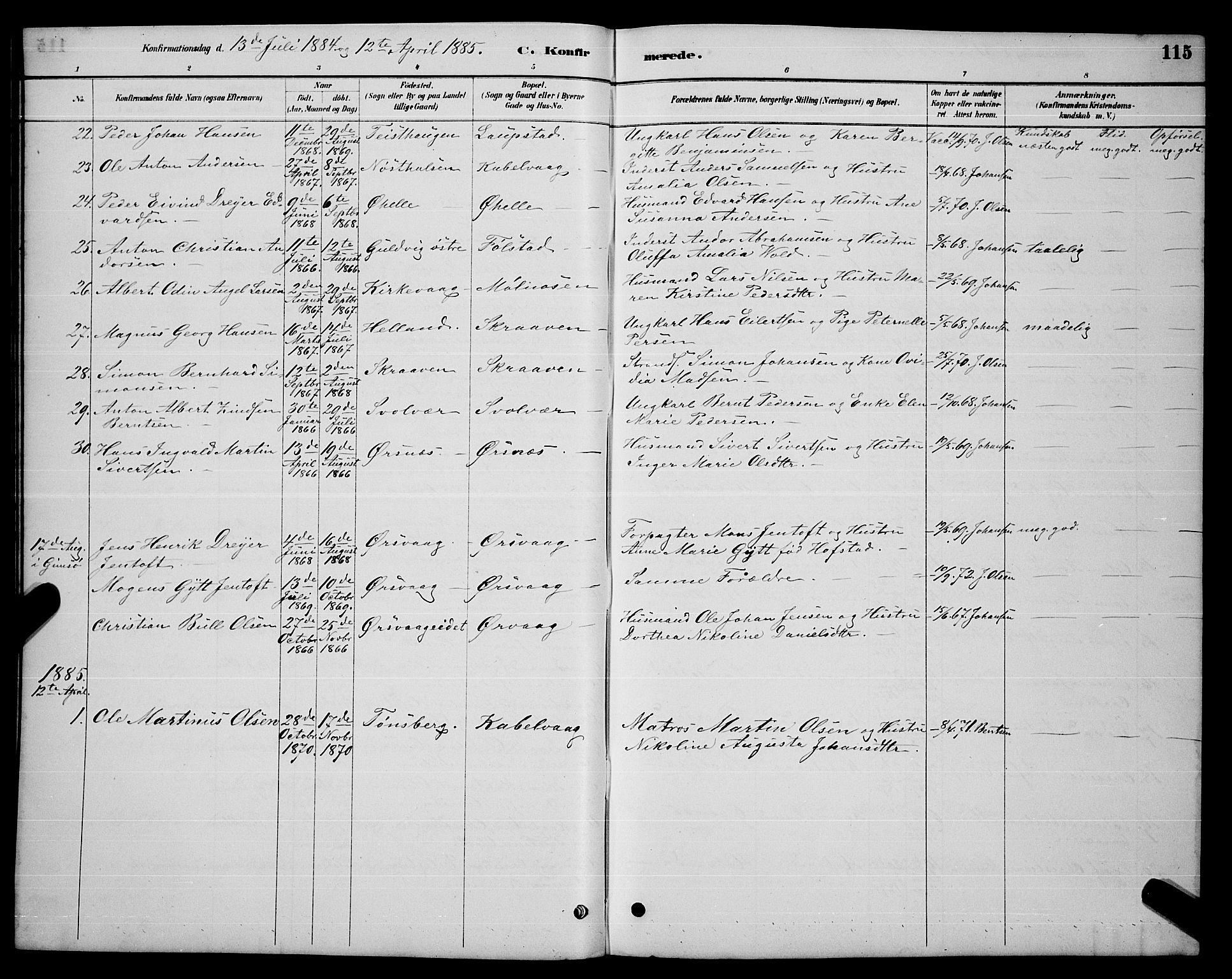 Ministerialprotokoller, klokkerbøker og fødselsregistre - Nordland, AV/SAT-A-1459/874/L1076: Parish register (copy) no. 874C05, 1884-1890, p. 115