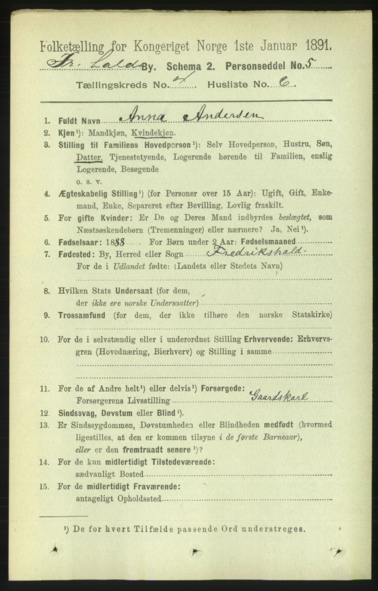 RA, 1891 census for 0101 Fredrikshald, 1891, p. 3795