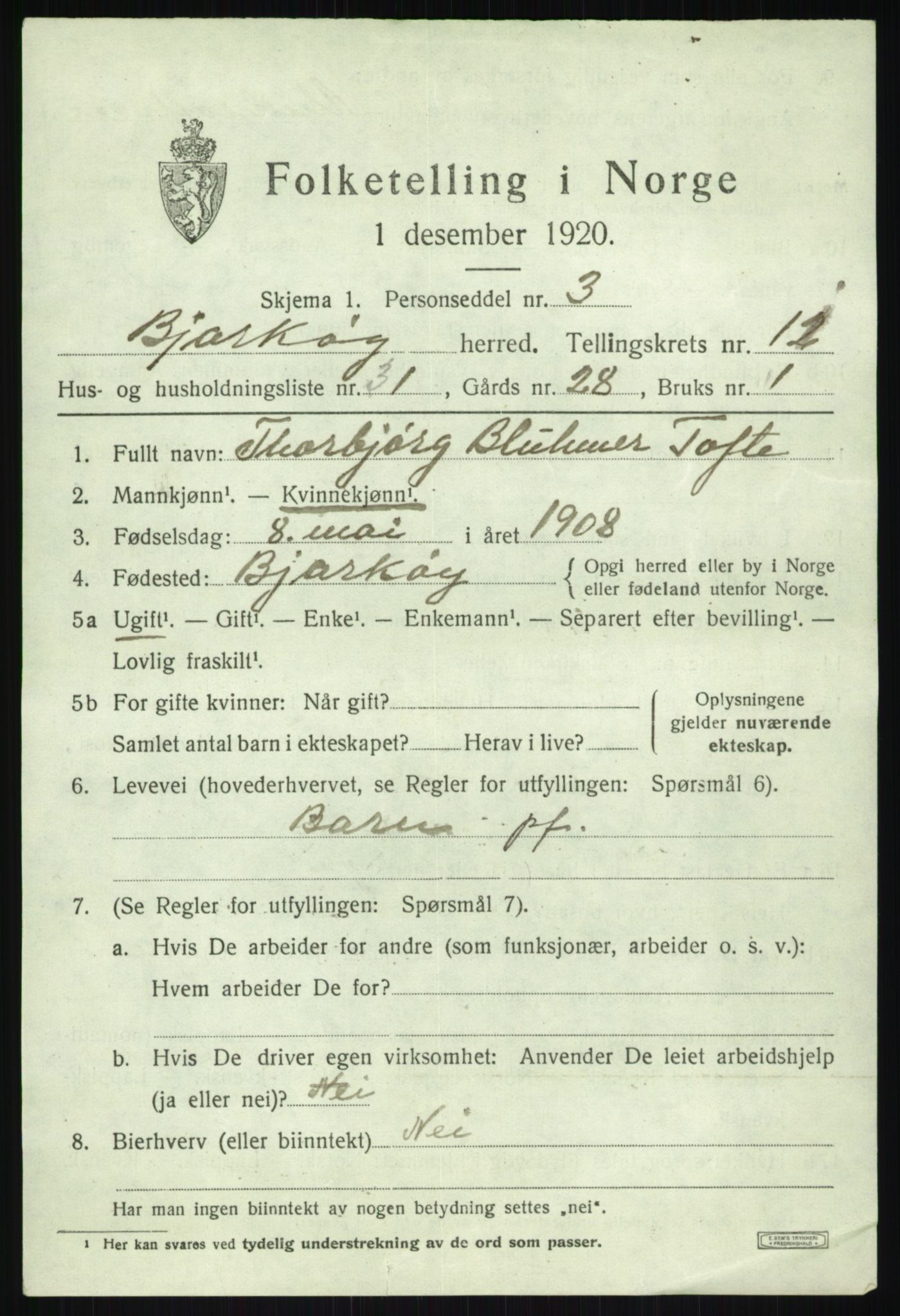 SATØ, 1920 census for Bjarkøy, 1920, p. 4667