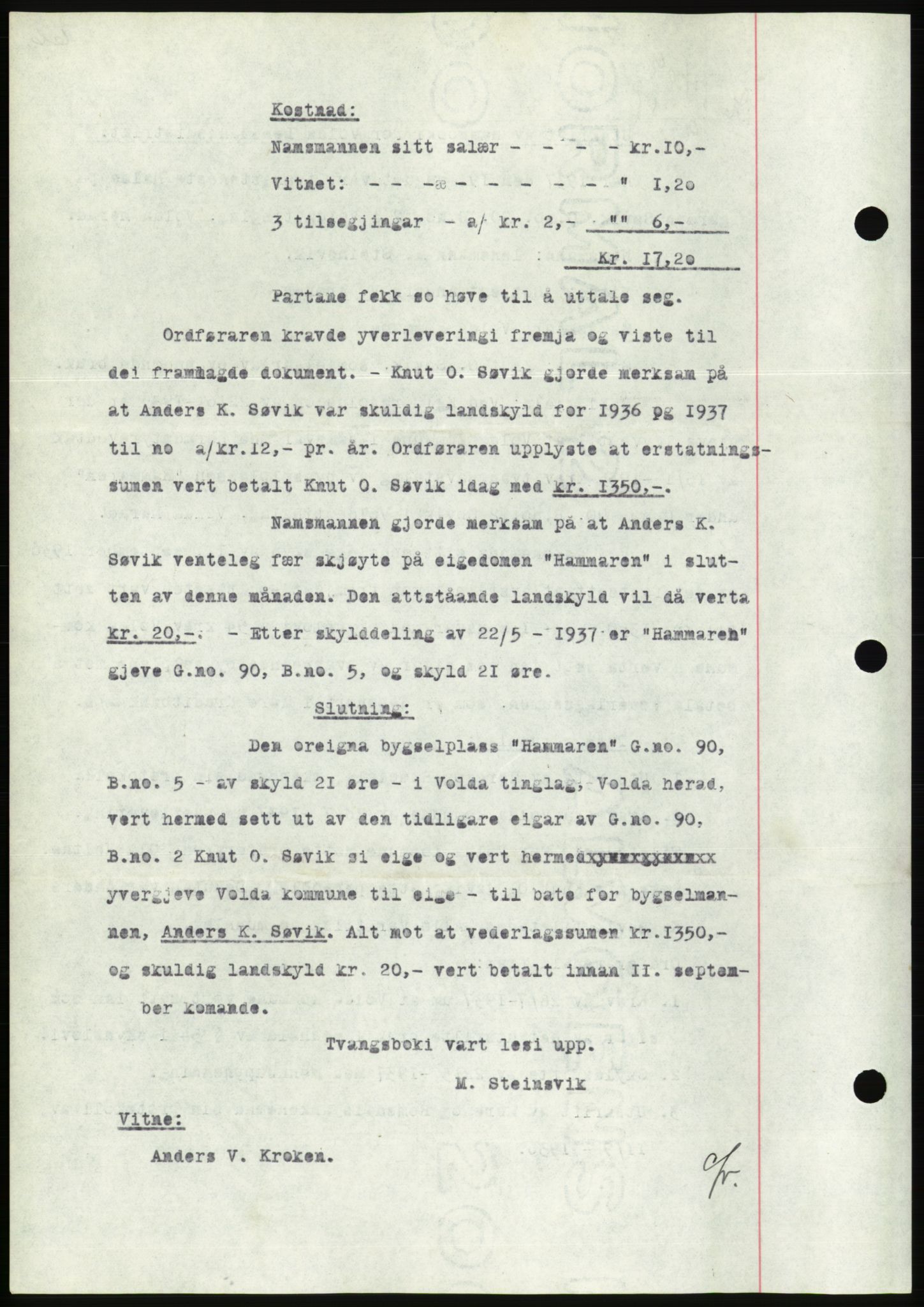 Søre Sunnmøre sorenskriveri, AV/SAT-A-4122/1/2/2C/L0064: Mortgage book no. 58, 1937-1938, Diary no: : 1409/1937