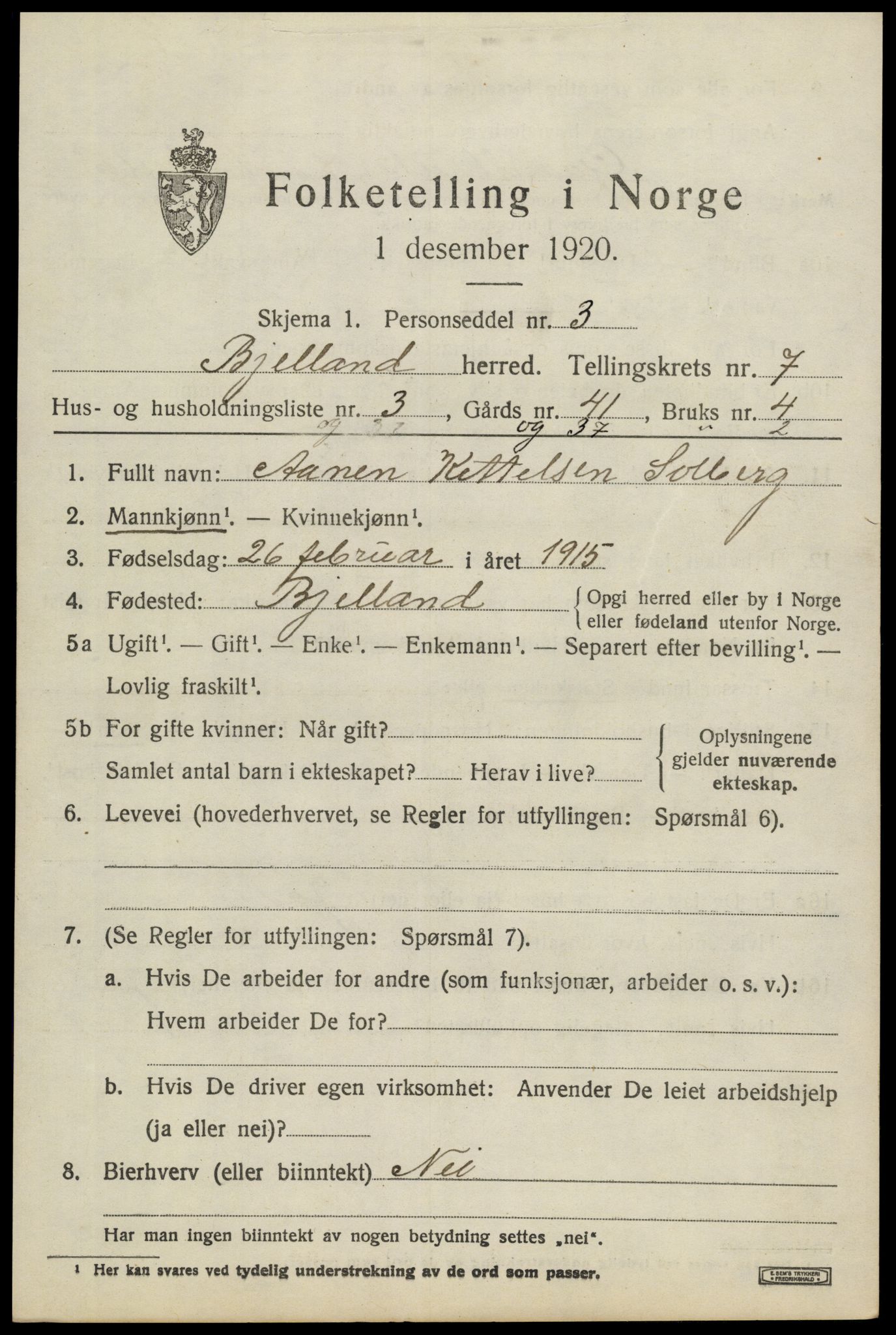 SAK, 1920 census for Bjelland, 1920, p. 2075