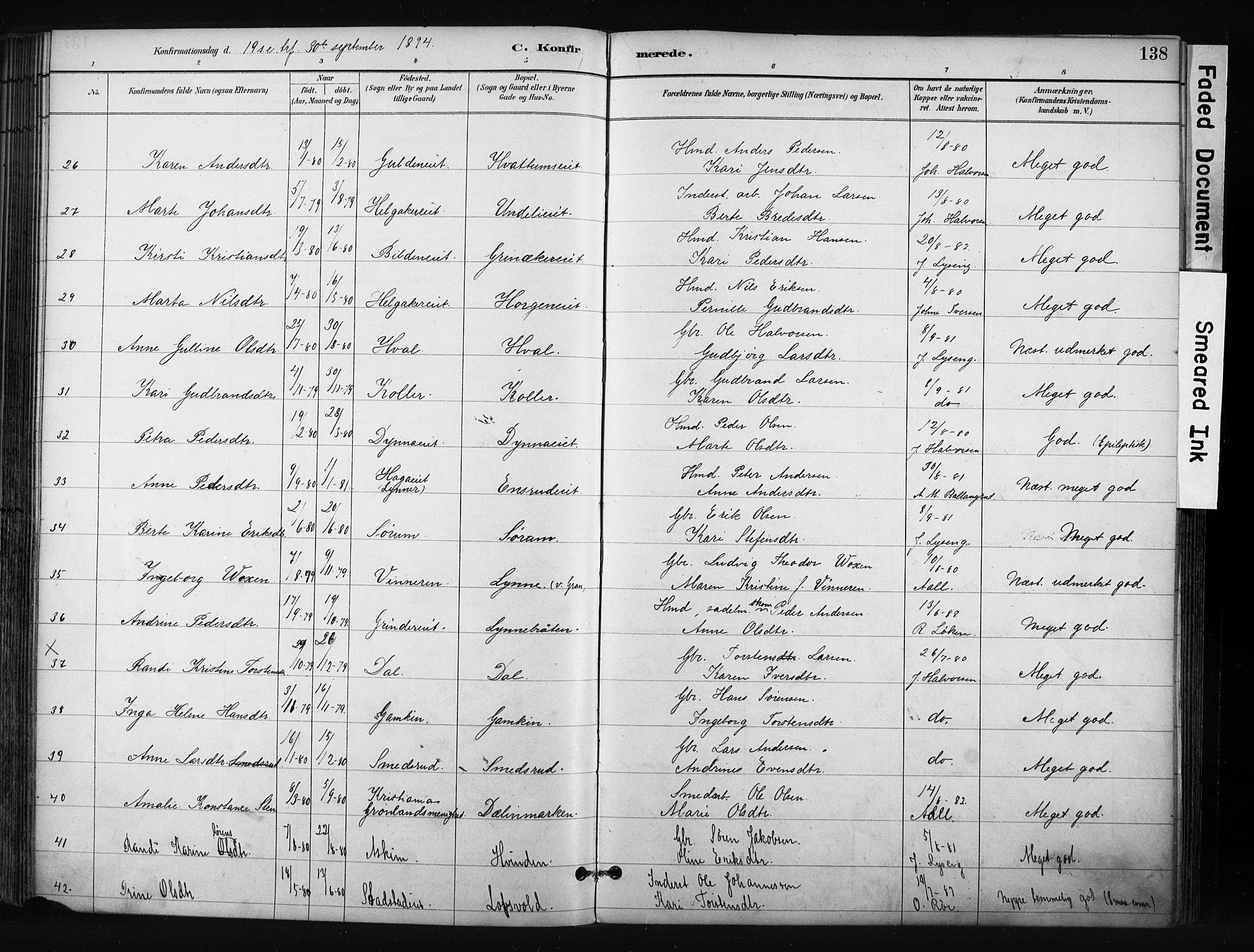 Gran prestekontor, AV/SAH-PREST-112/H/Ha/Haa/L0017: Parish register (official) no. 17, 1889-1897, p. 138