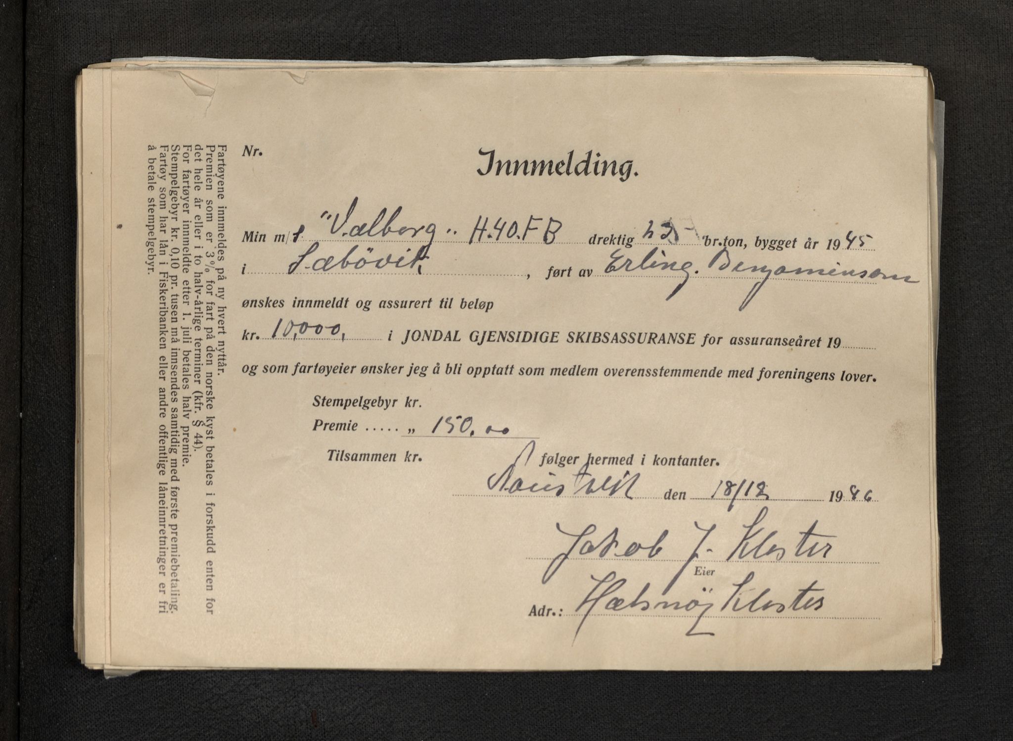 Jondal Skipsassuranseforening, AV/SAB-SAB/PA-0276/E/L0115: Korrespondanse , 1947-1948
