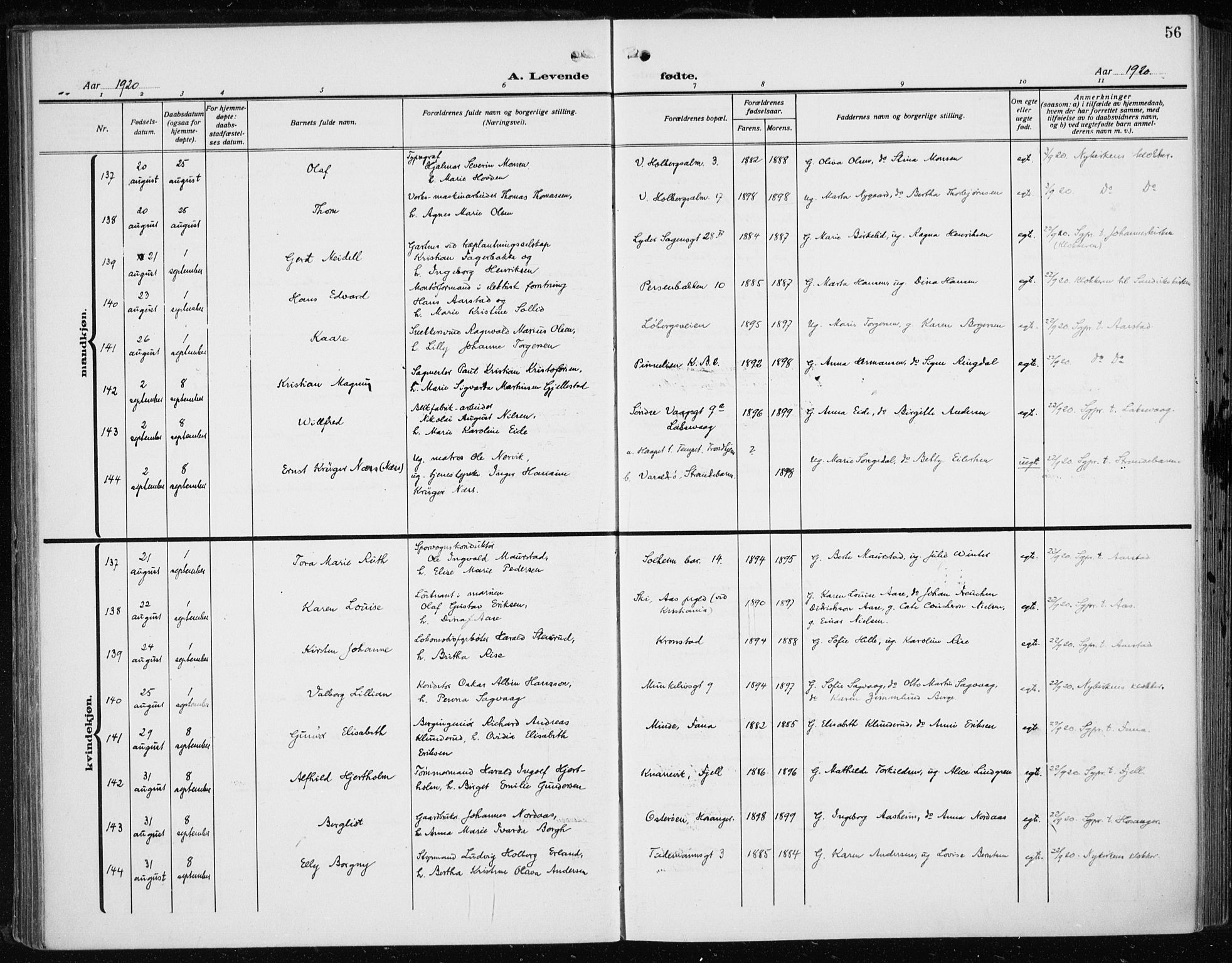 Fødselsstiftelsens sokneprestembete*, SAB/-: Parish register (official) no. A 5, 1918-1926, p. 56