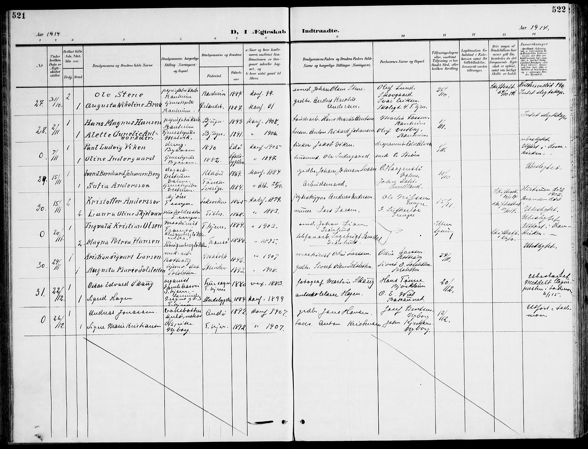 Ministerialprotokoller, klokkerbøker og fødselsregistre - Sør-Trøndelag, AV/SAT-A-1456/607/L0320: Parish register (official) no. 607A04, 1907-1915, p. 521-522