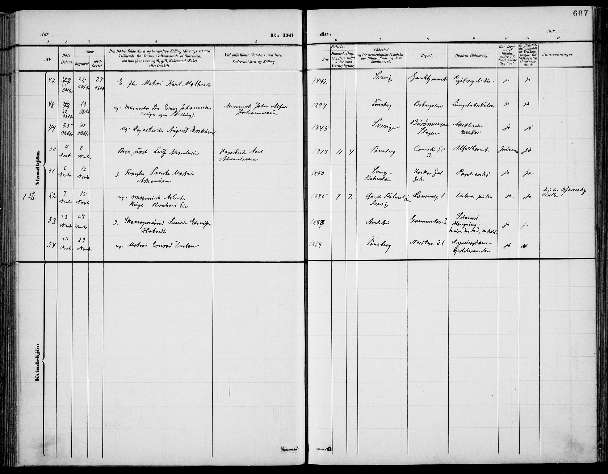 Tønsberg kirkebøker, AV/SAKO-A-330/F/Fa/L0013: Parish register (official) no. I 13, 1900-1913, p. 607