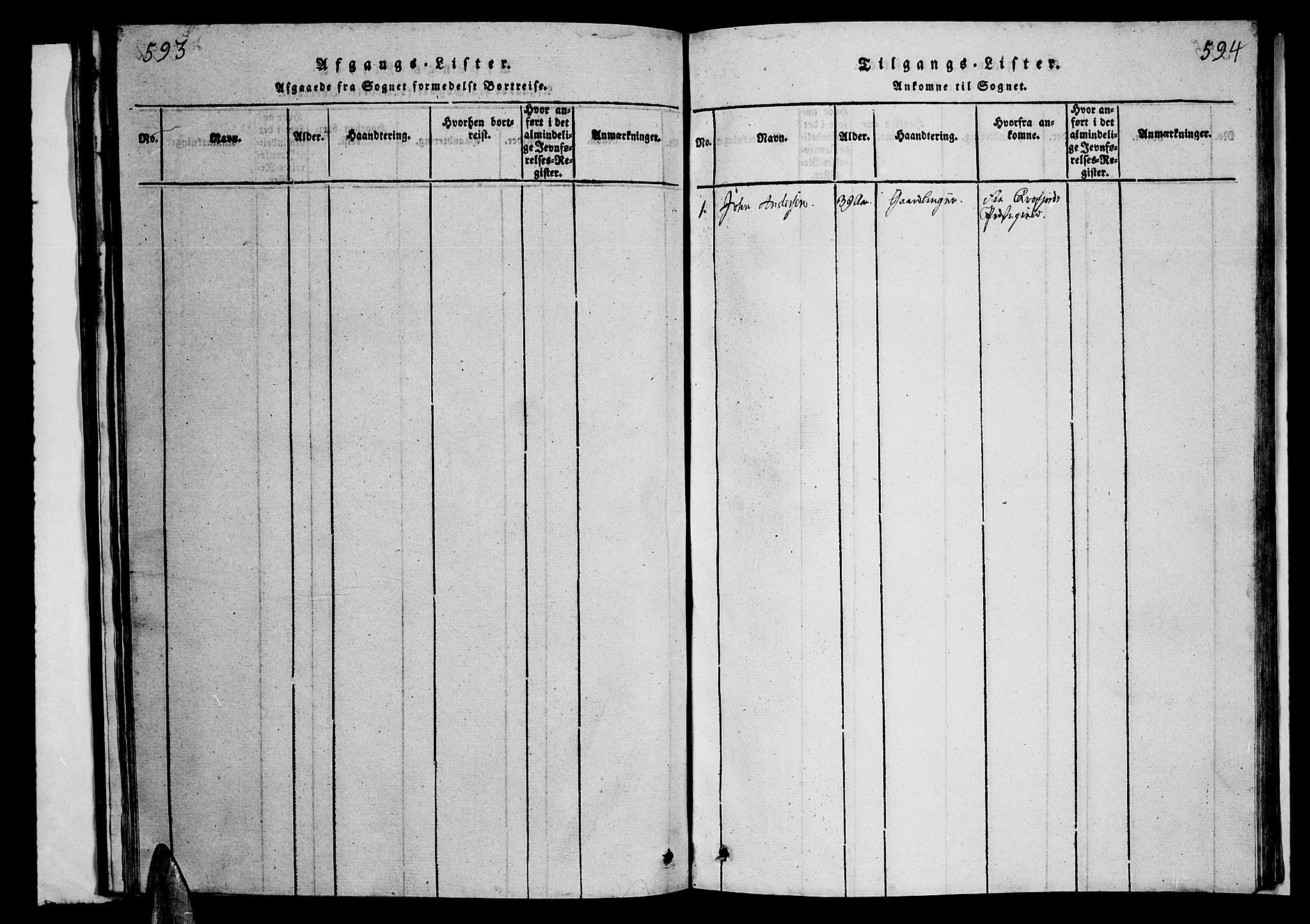 Ministerialprotokoller, klokkerbøker og fødselsregistre - Nordland, SAT/A-1459/899/L1446: Parish register (copy) no. 899C01, 1820-1868, p. 593-594