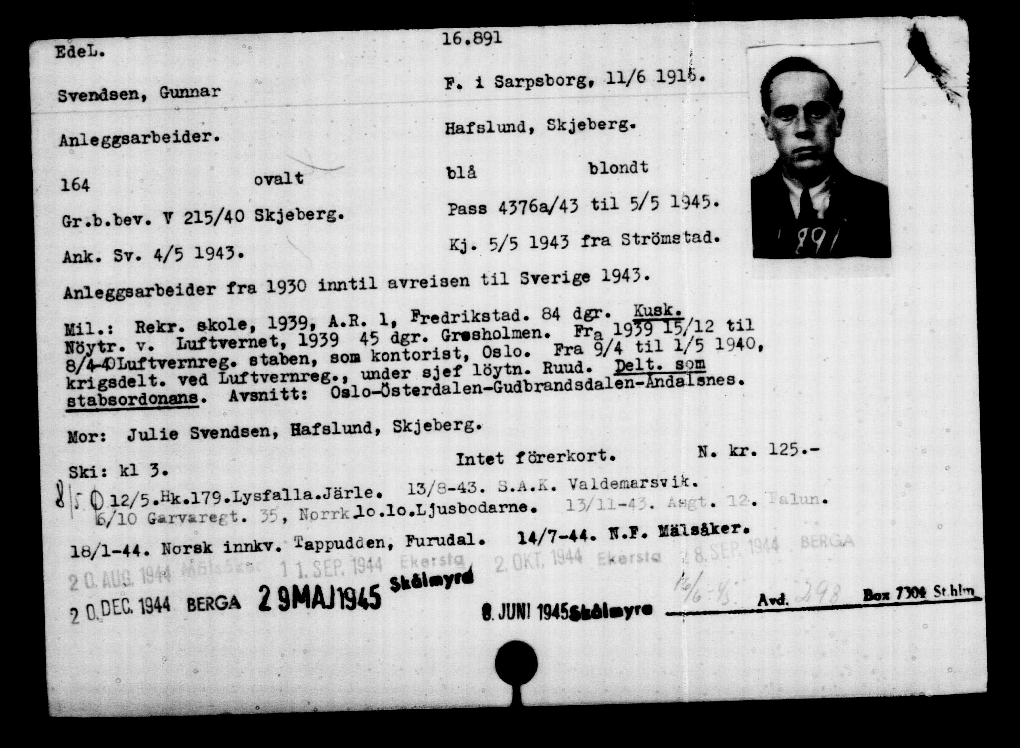 Utenriksstasjonene, Legasjonen i Stockholm, Flyktningkontoret, AV/RA-S-6753/V/Va/L0008: Kjesäterkartoteket, flyktninger med registreringsnr. 15700-18547, 1940-1945, p. 1299