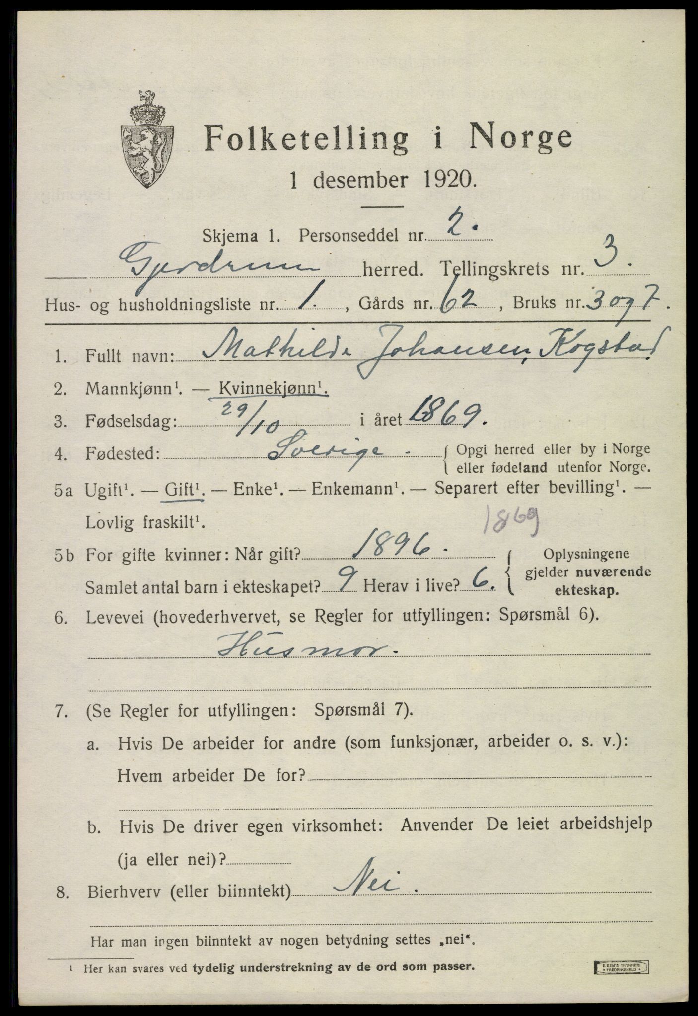 SAO, 1920 census for Gjerdrum, 1920, p. 2378