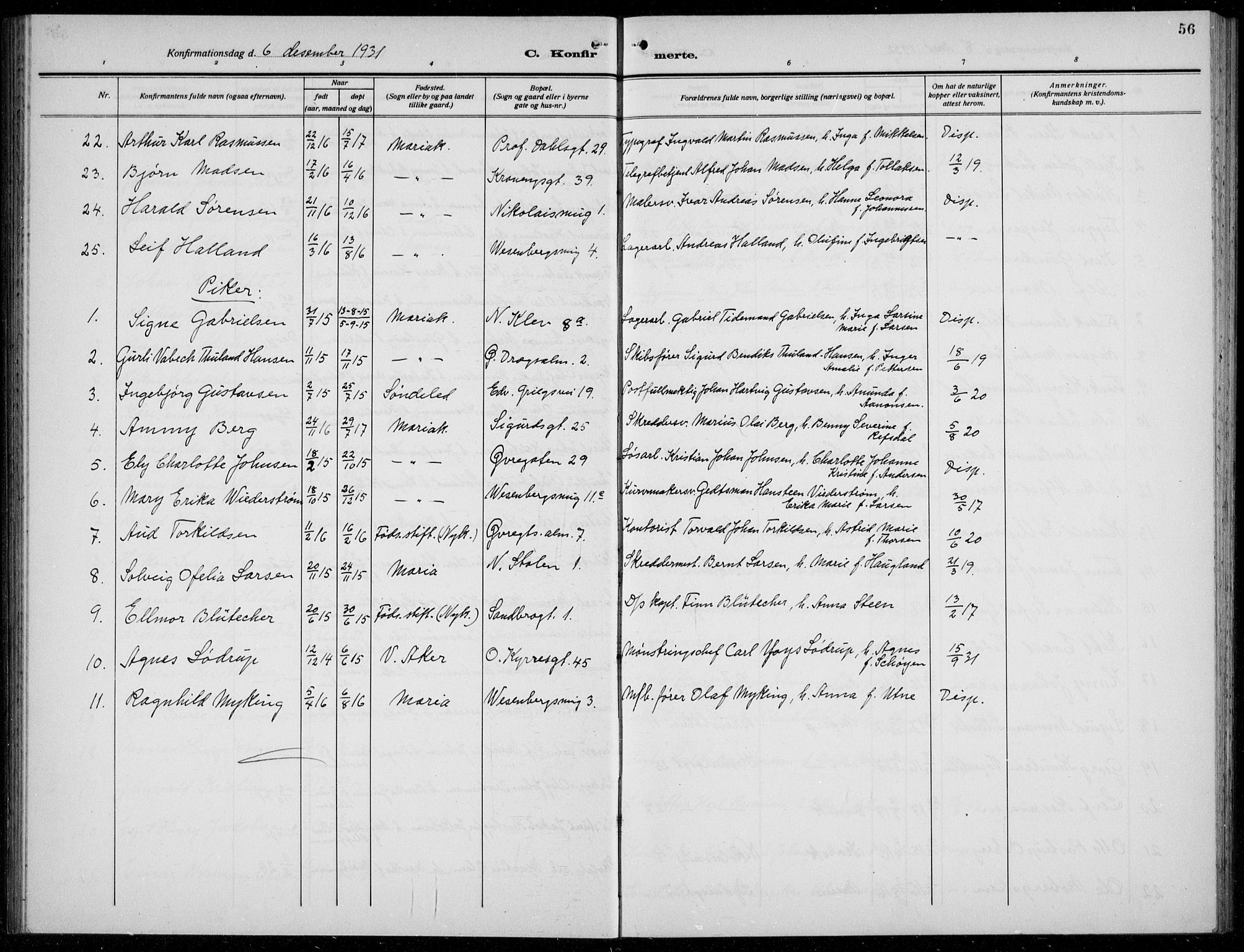 Mariakirken Sokneprestembete, AV/SAB-A-76901/H/Hab/L0010: Parish register (copy) no. A 10, 1920-1937, p. 56