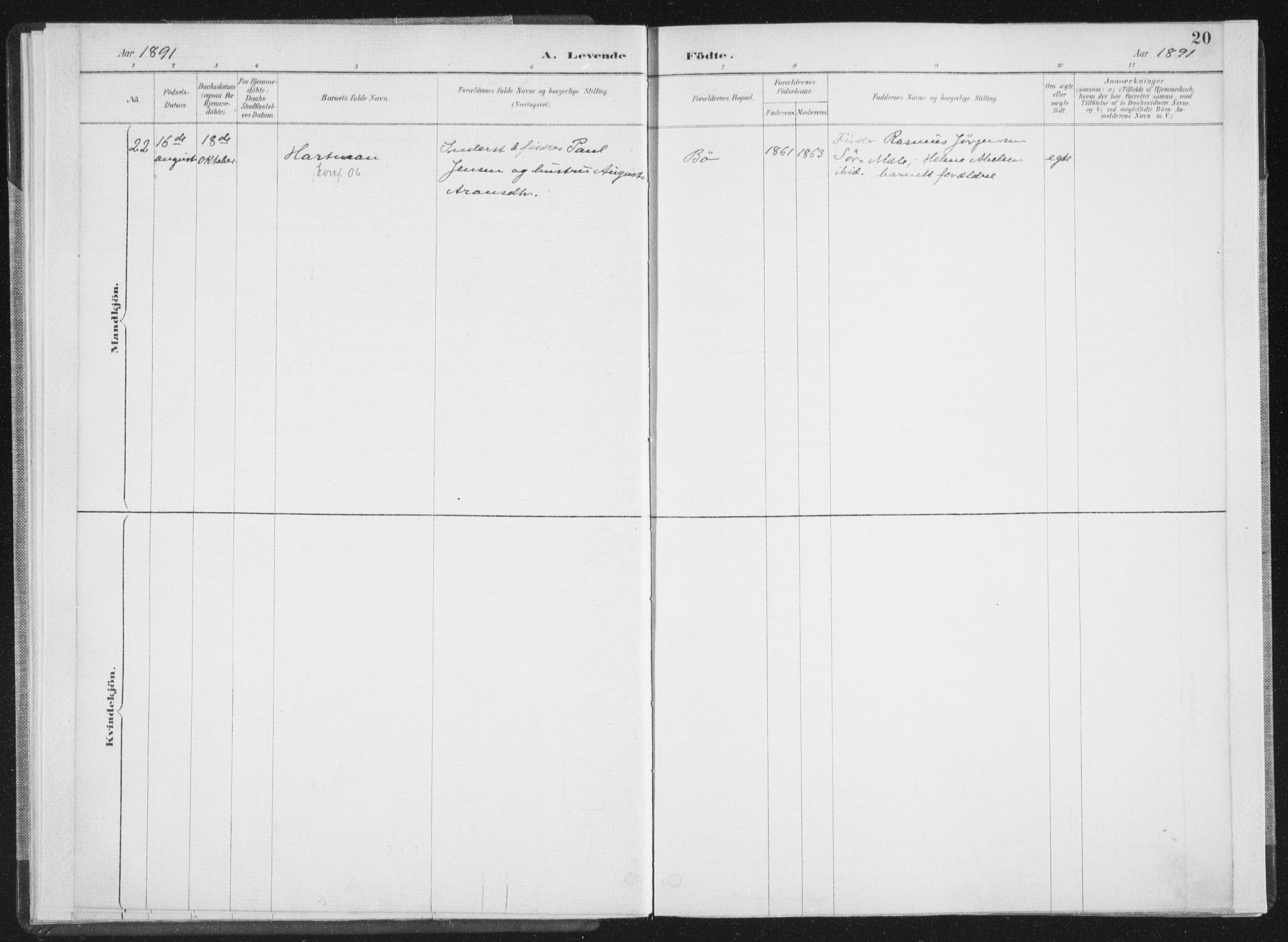 Ministerialprotokoller, klokkerbøker og fødselsregistre - Nordland, AV/SAT-A-1459/898/L1422: Parish register (official) no. 898A02, 1887-1908, p. 20