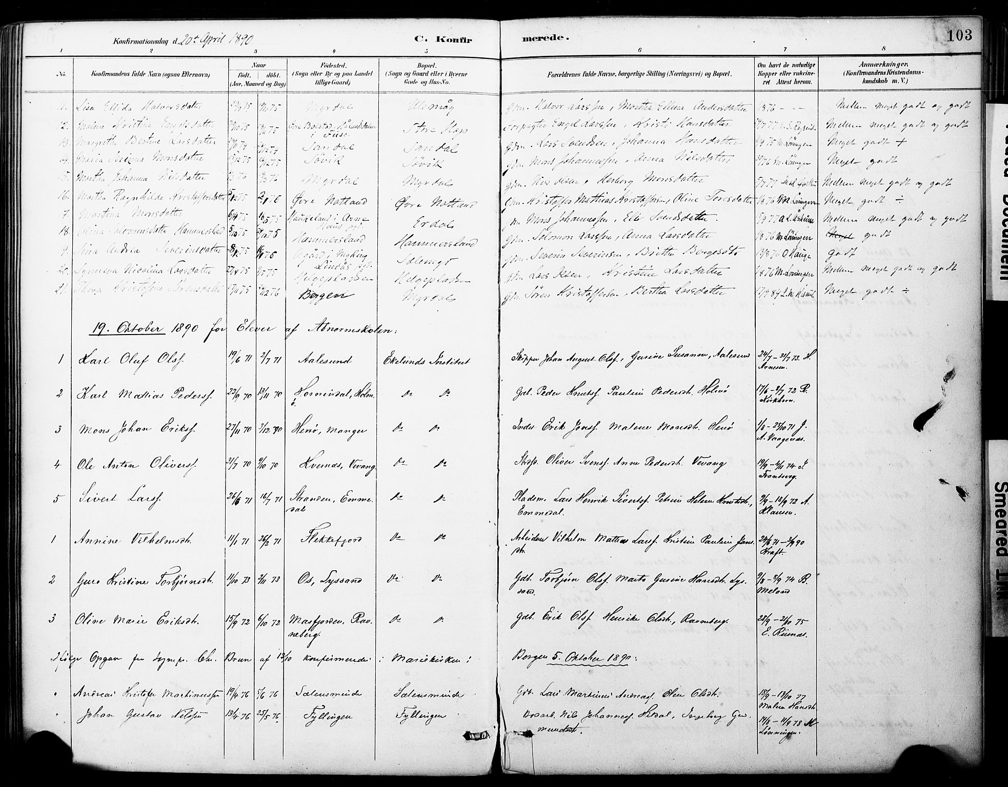 Fana Sokneprestembete, AV/SAB-A-75101/H/Haa/Haai/L0002: Parish register (official) no. I 2, 1888-1899, p. 103