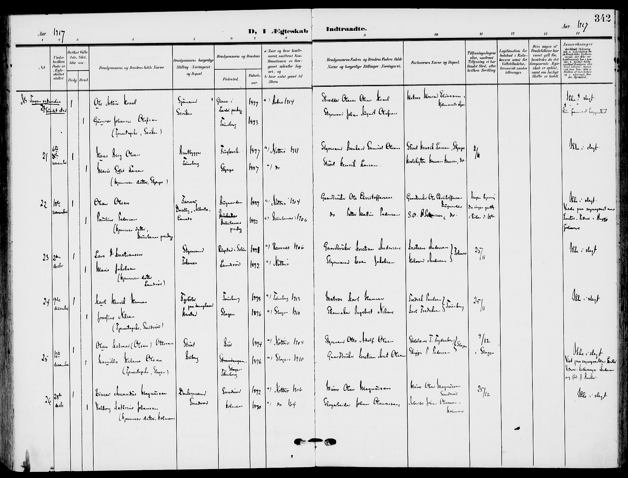 Nøtterøy kirkebøker, AV/SAKO-A-354/F/Fa/L0010: Parish register (official) no. I 10, 1908-1919, p. 342