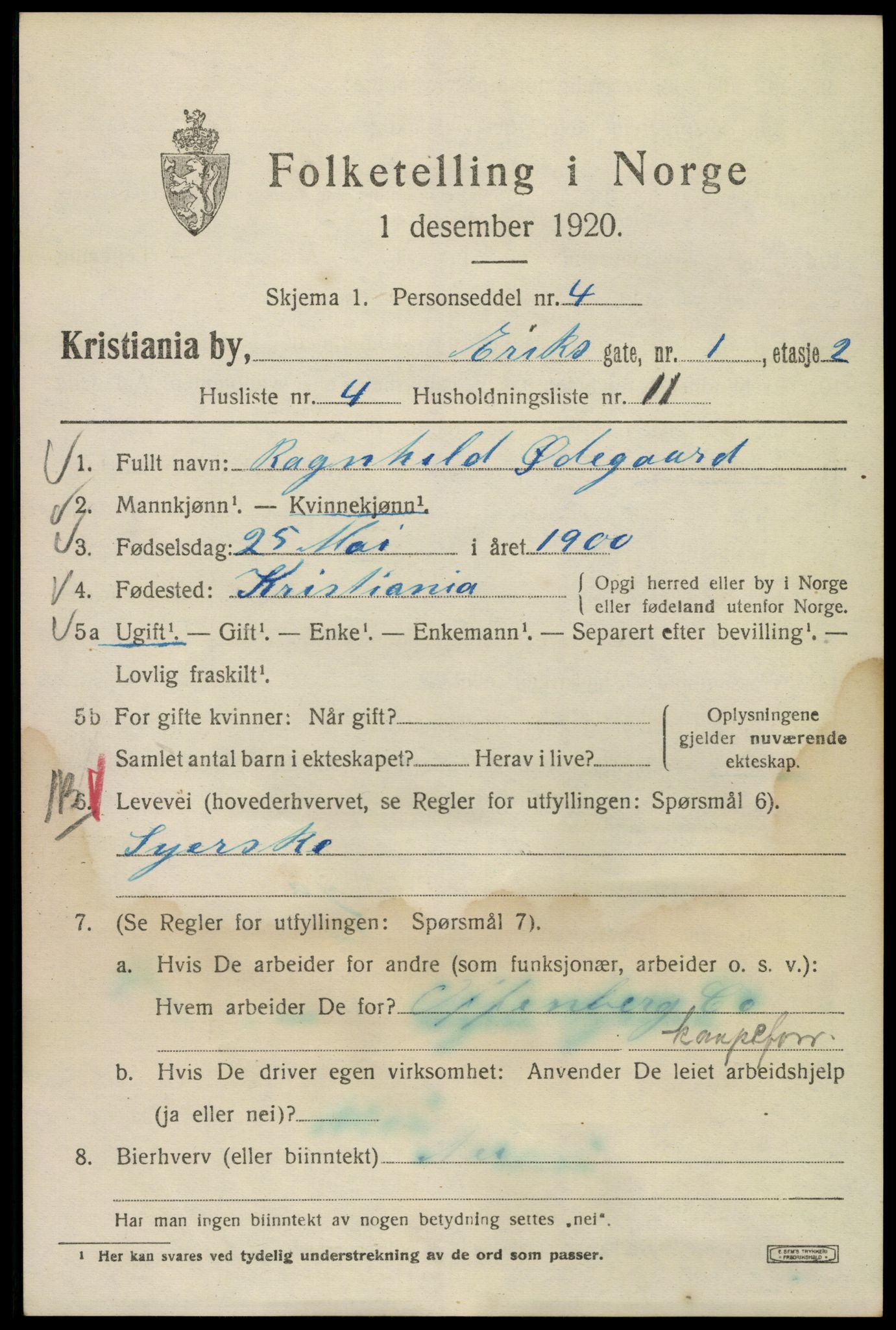 SAO, 1920 census for Kristiania, 1920, p. 219565