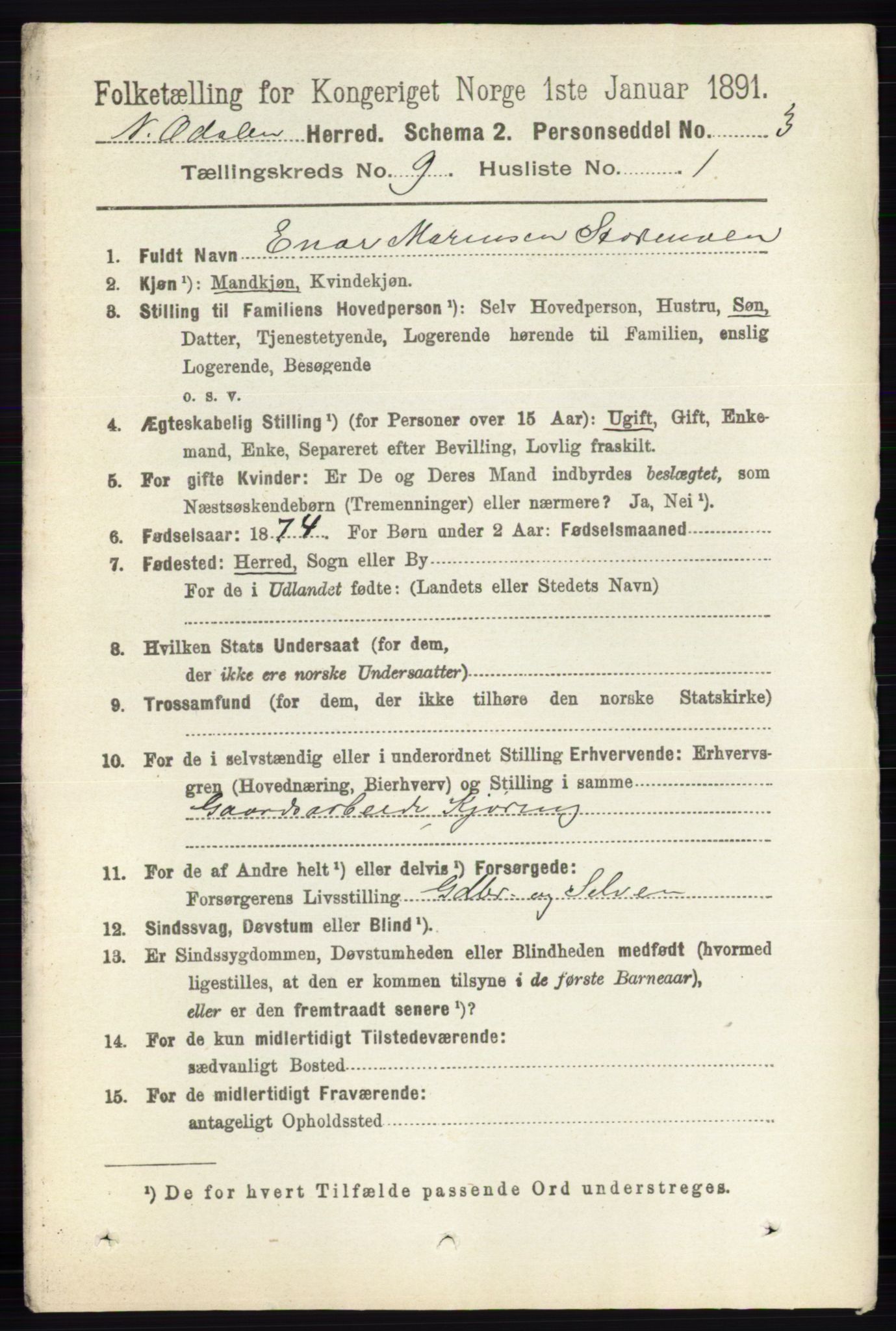 RA, 1891 census for 0418 Nord-Odal, 1891, p. 4006