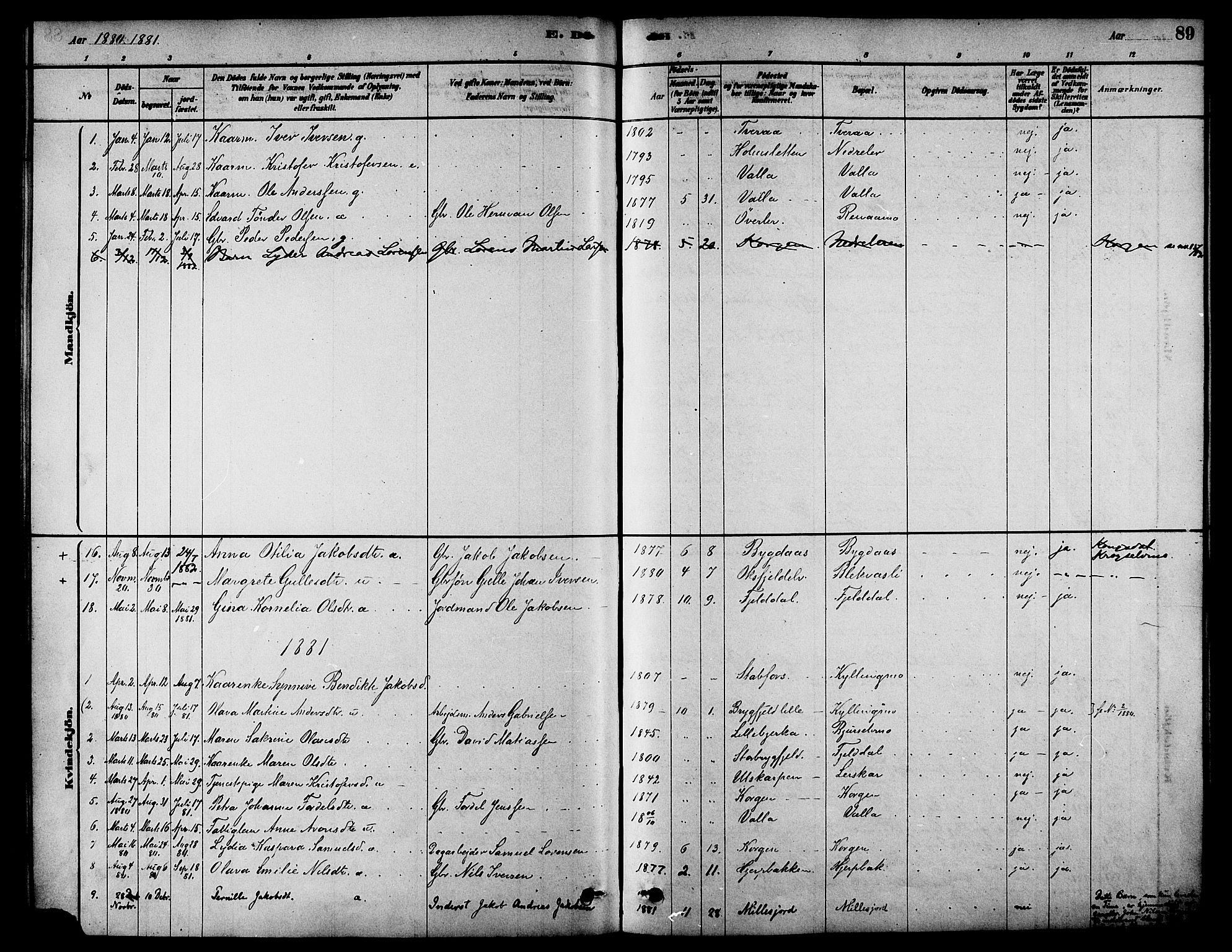 Ministerialprotokoller, klokkerbøker og fødselsregistre - Nordland, AV/SAT-A-1459/826/L0379: Parish register (official) no. 826A02, 1878-1895, p. 89