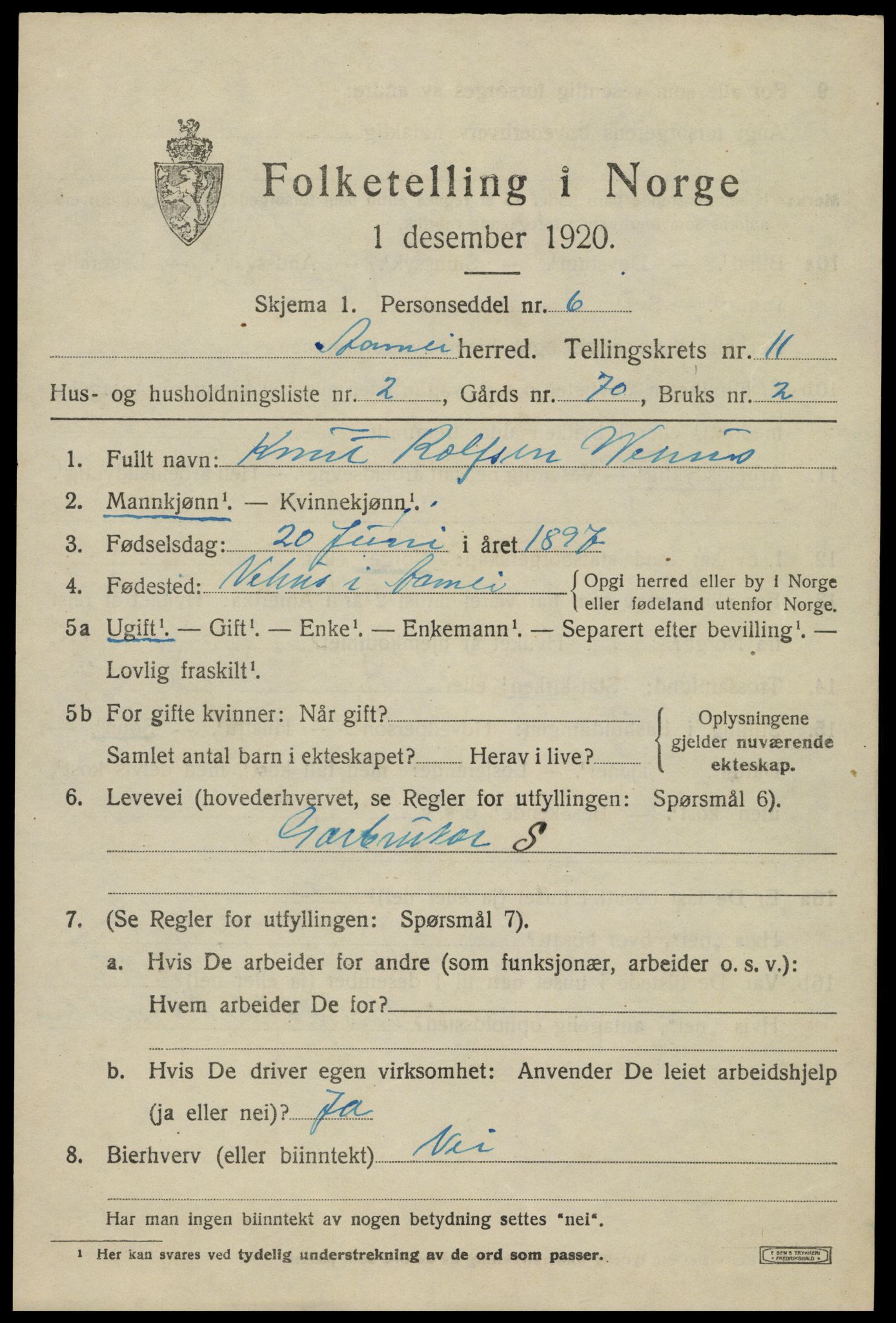 SAK, 1920 census for Åmli, 1920, p. 4215