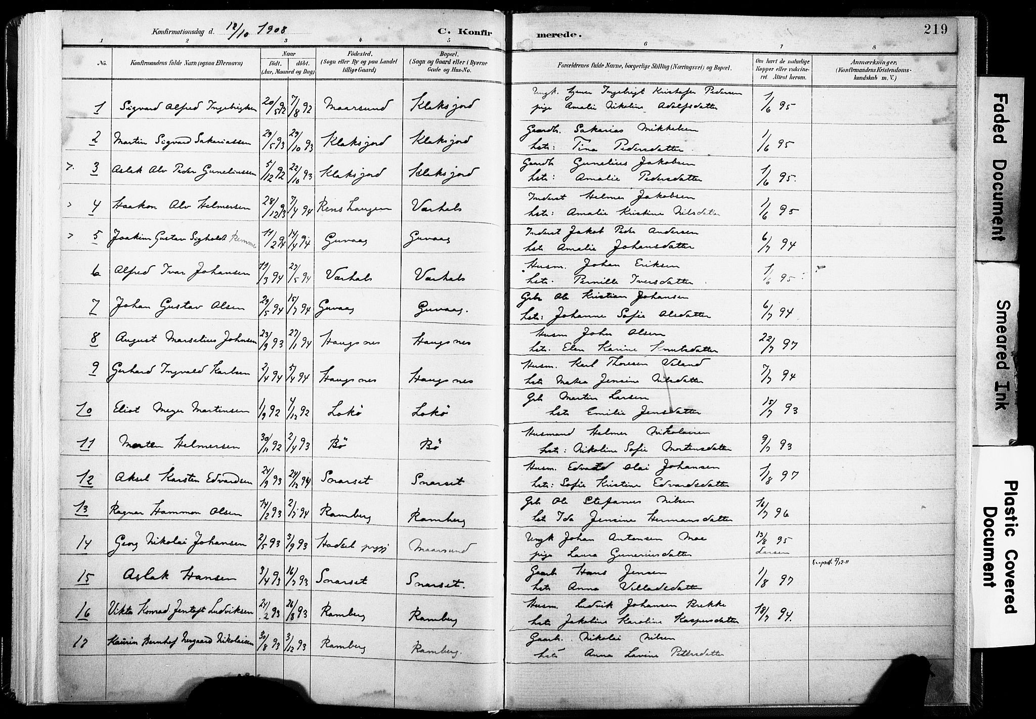 Ministerialprotokoller, klokkerbøker og fødselsregistre - Nordland, AV/SAT-A-1459/891/L1304: Parish register (official) no. 891A09, 1895-1921, p. 219