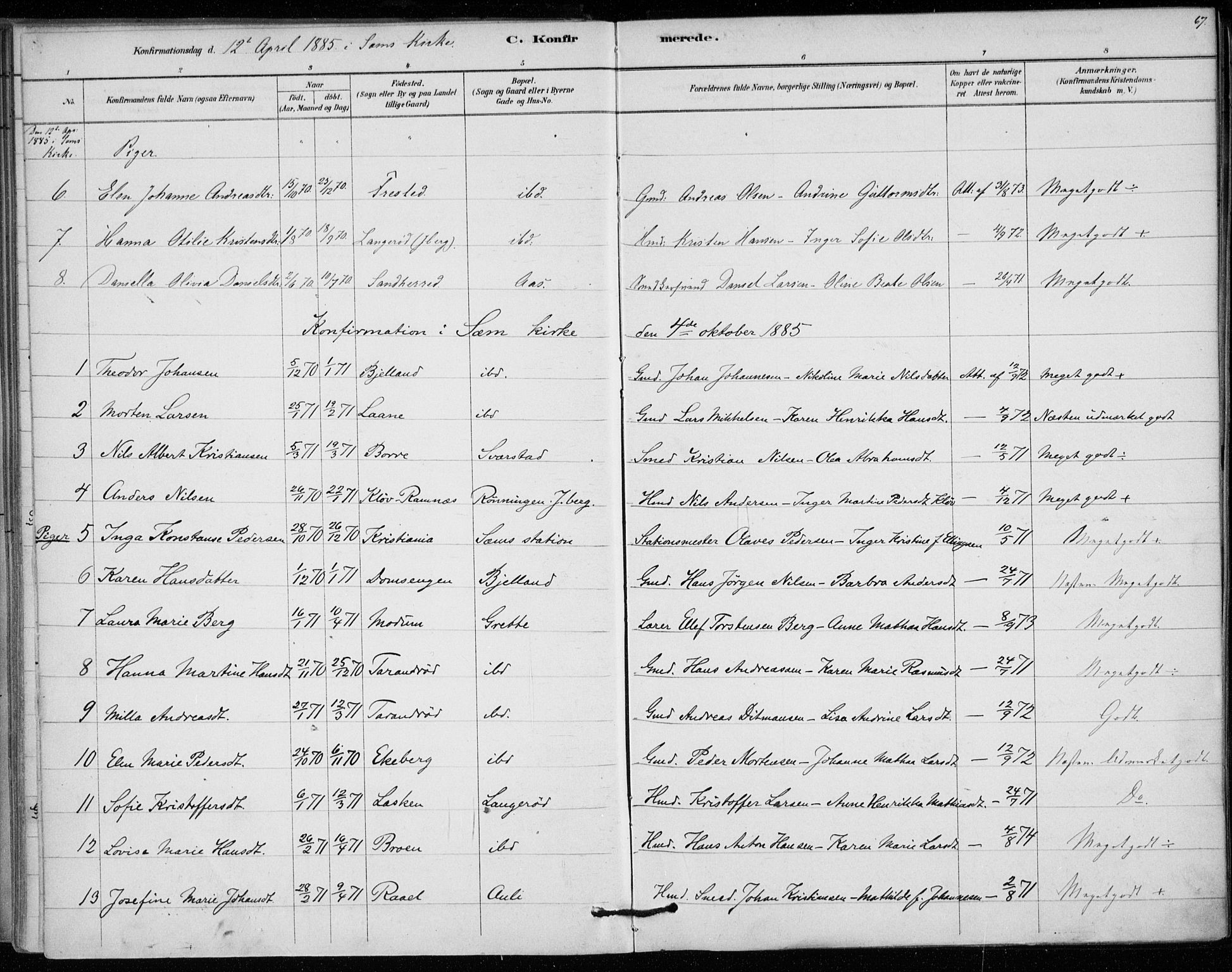 Sem kirkebøker, SAKO/A-5/F/Fa/L0010: Parish register (official) no. I 10, 1878-1887, p. 67