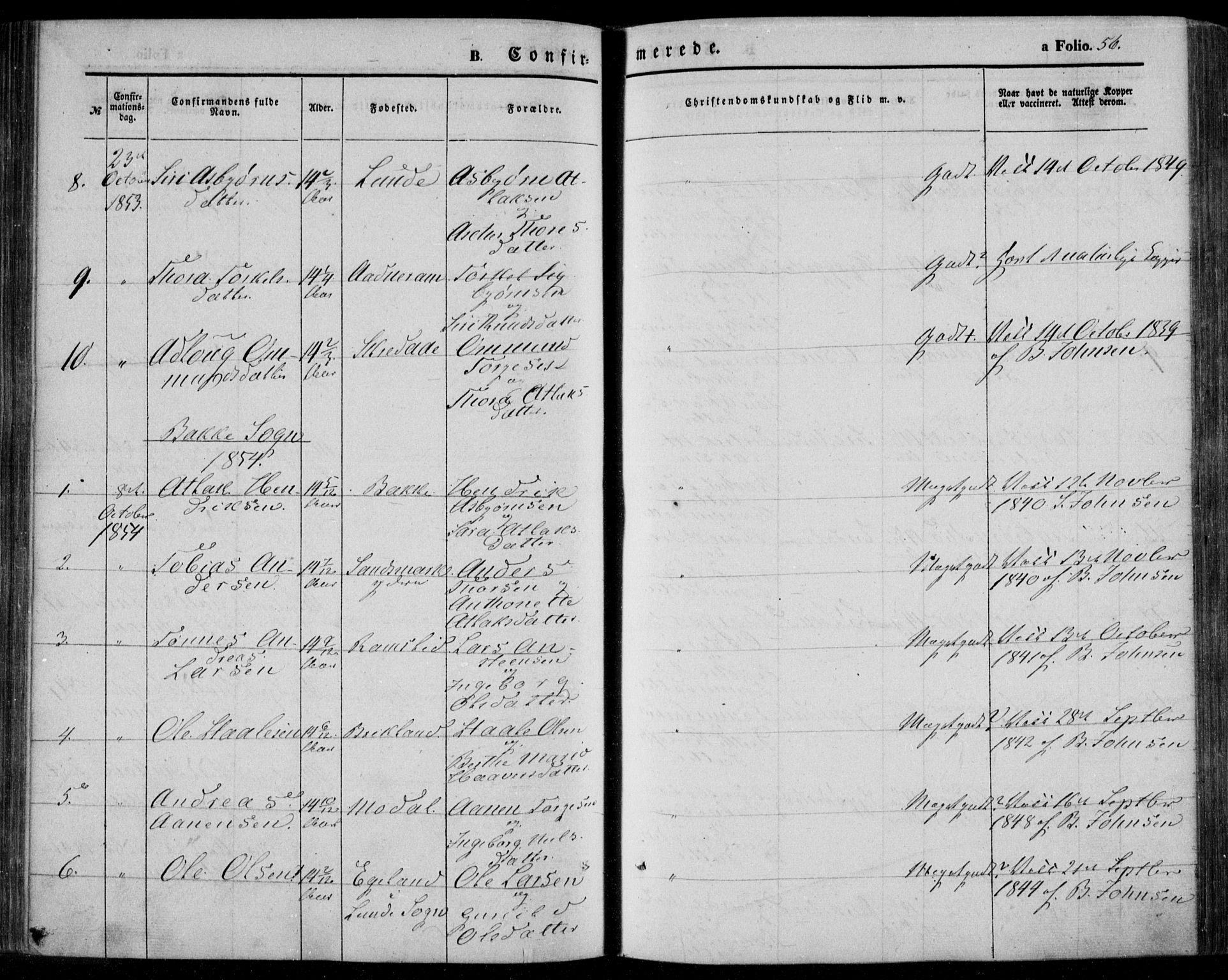 Bakke sokneprestkontor, SAK/1111-0002/F/Fa/Faa/L0005: Parish register (official) no. A 5, 1847-1855, p. 56