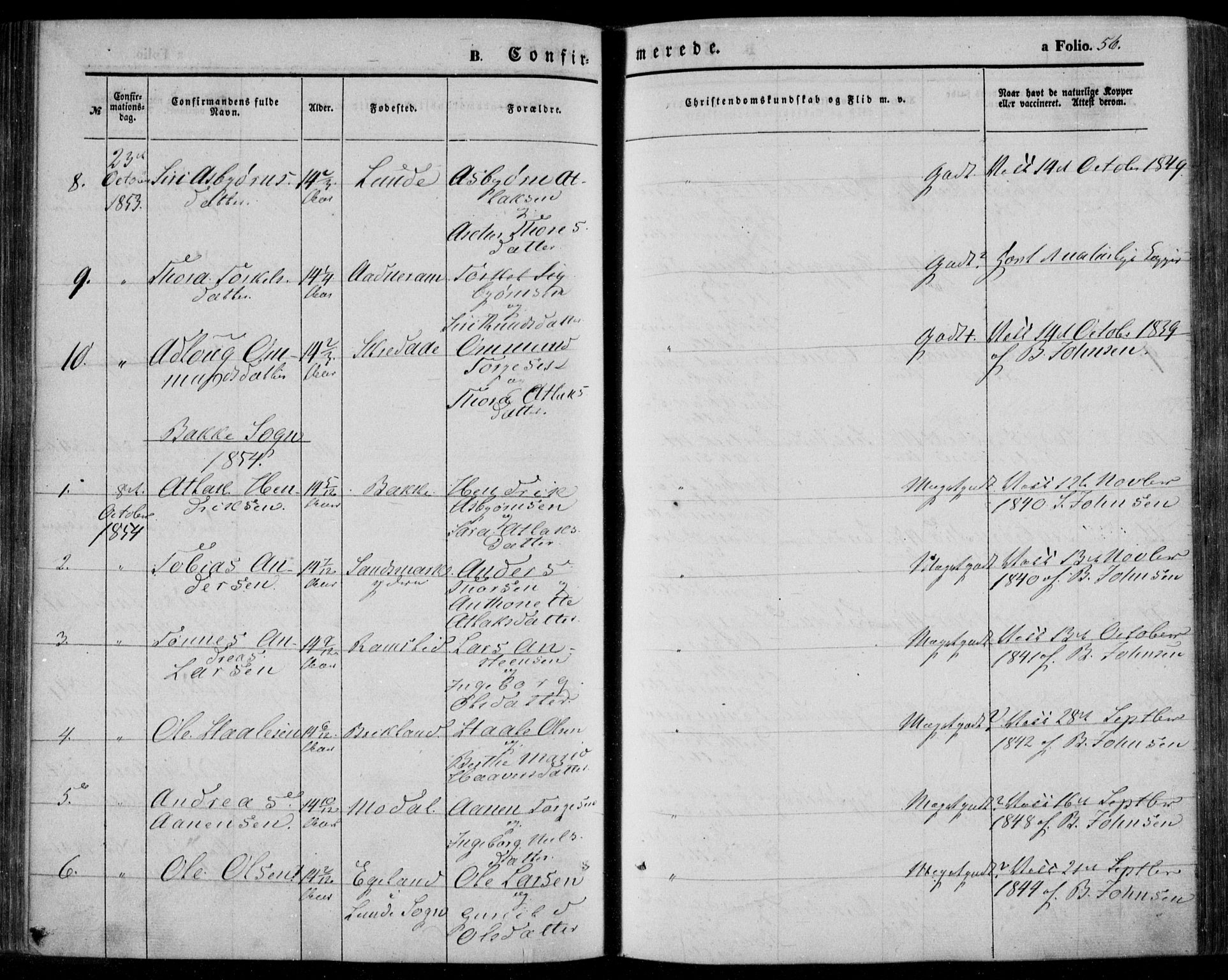 Bakke sokneprestkontor, AV/SAK-1111-0002/F/Fa/Faa/L0005: Parish register (official) no. A 5, 1847-1855, p. 56