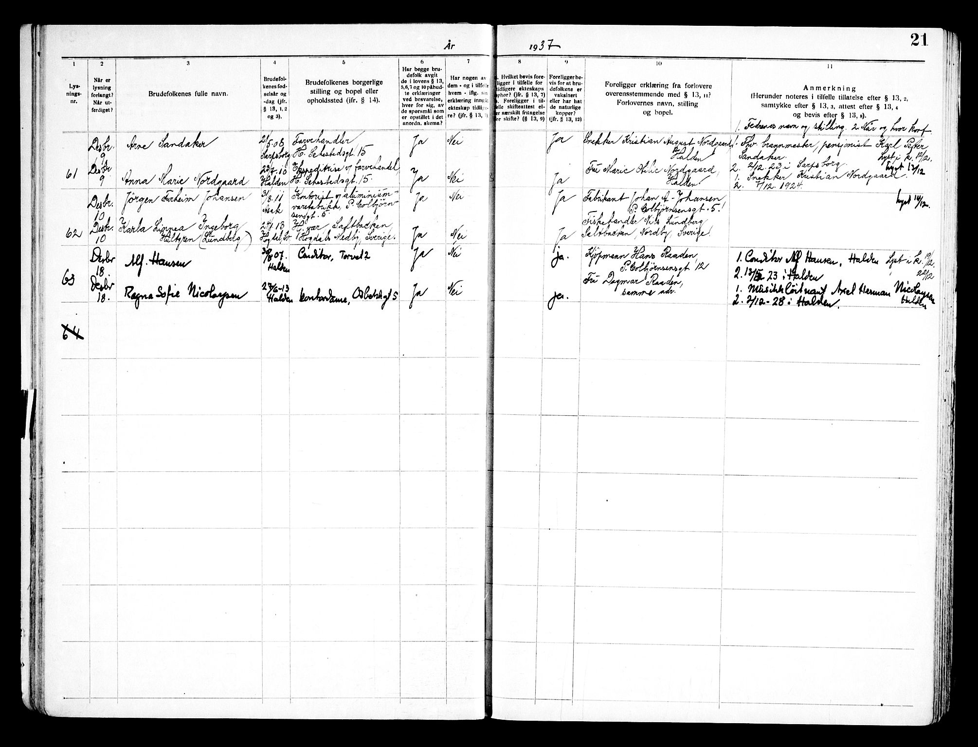 Halden prestekontor Kirkebøker, SAO/A-10909/H/Ha/L0002: Banns register no. I 2, 1935-1949, p. 21