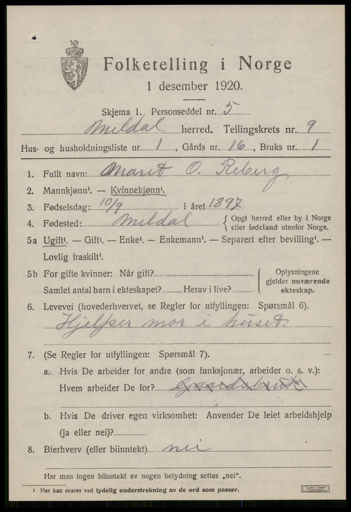 SAT, 1920 census for Meldal, 1920, p. 7507